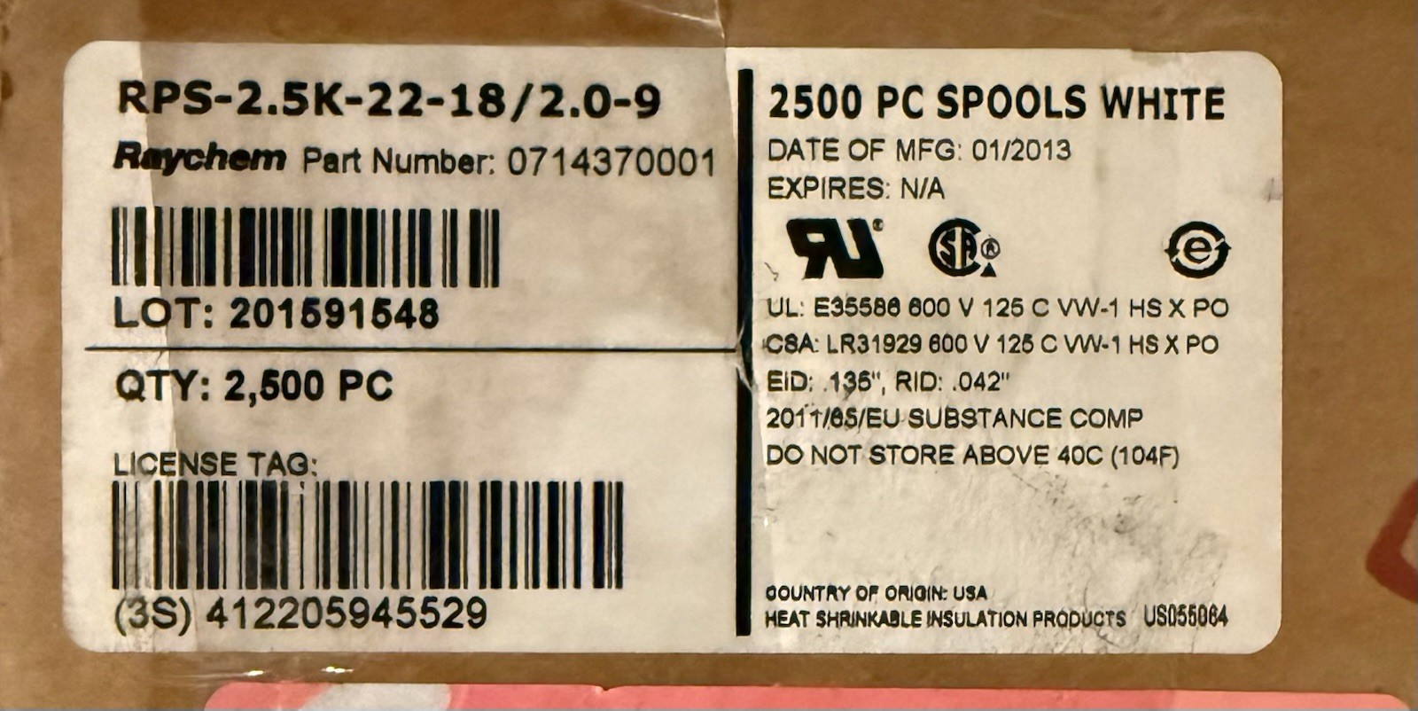 Tyco Electronics Raychem SHRINKMARK-PPS-2.5K-22-18/2.0-9