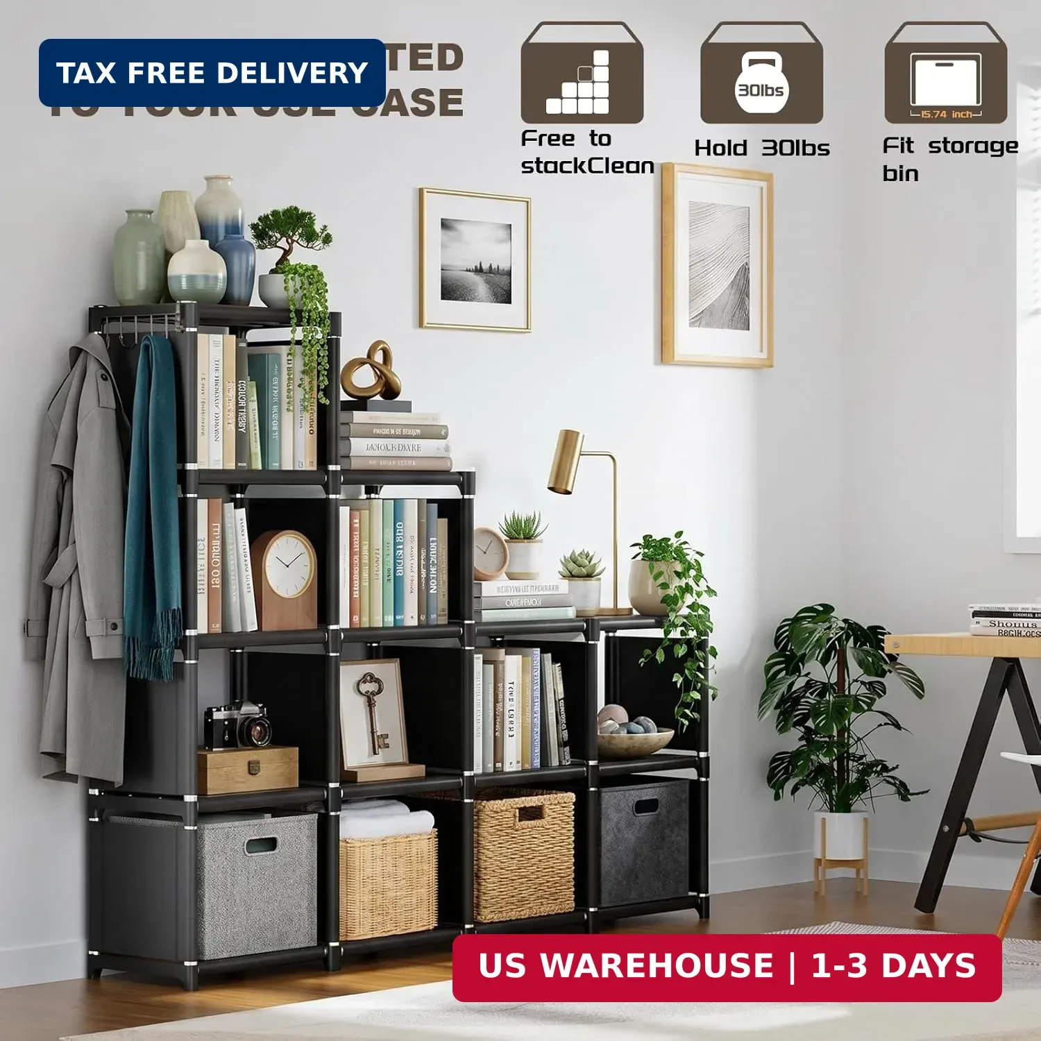 Mavivegue Book Shelf, 12 Cube Storage Organizer, DIY Bookcase, 12-Grid, Black