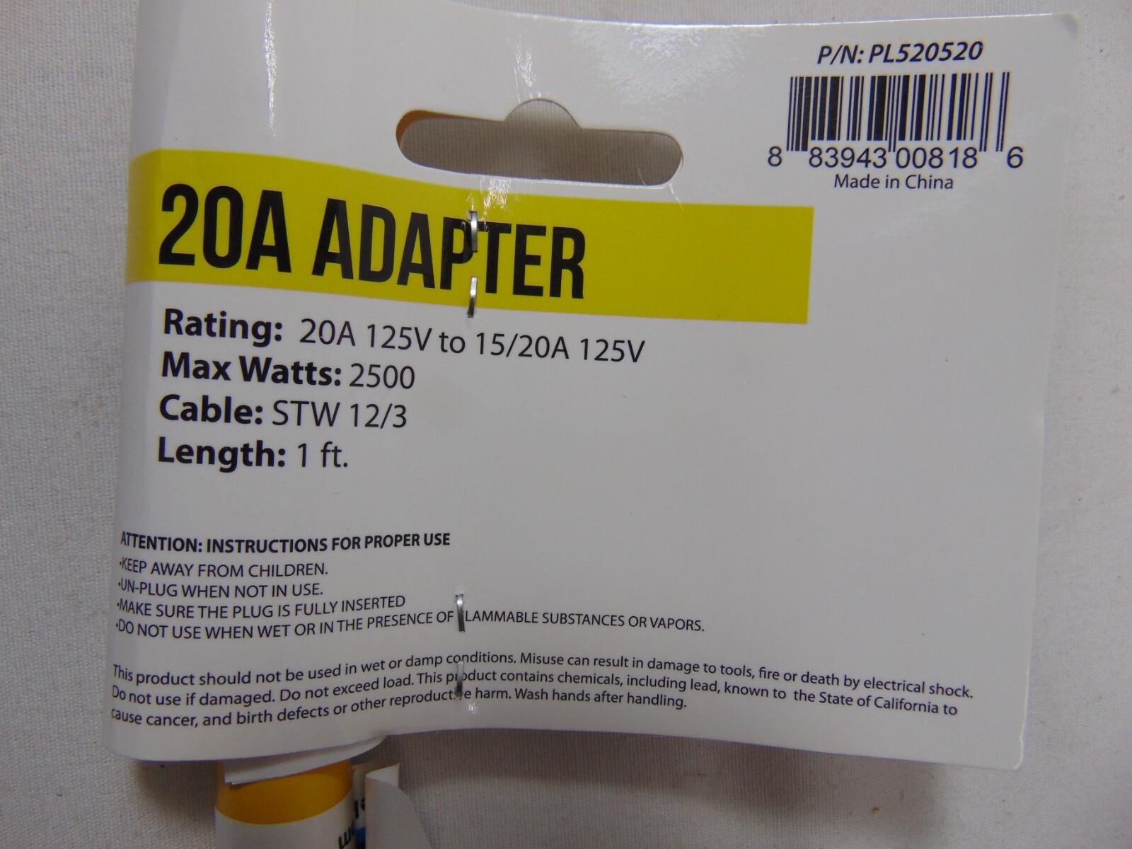 New Conntek 20 Amp Adapter PL520520 L5-20P 5-15/20R 1 Feet Long
