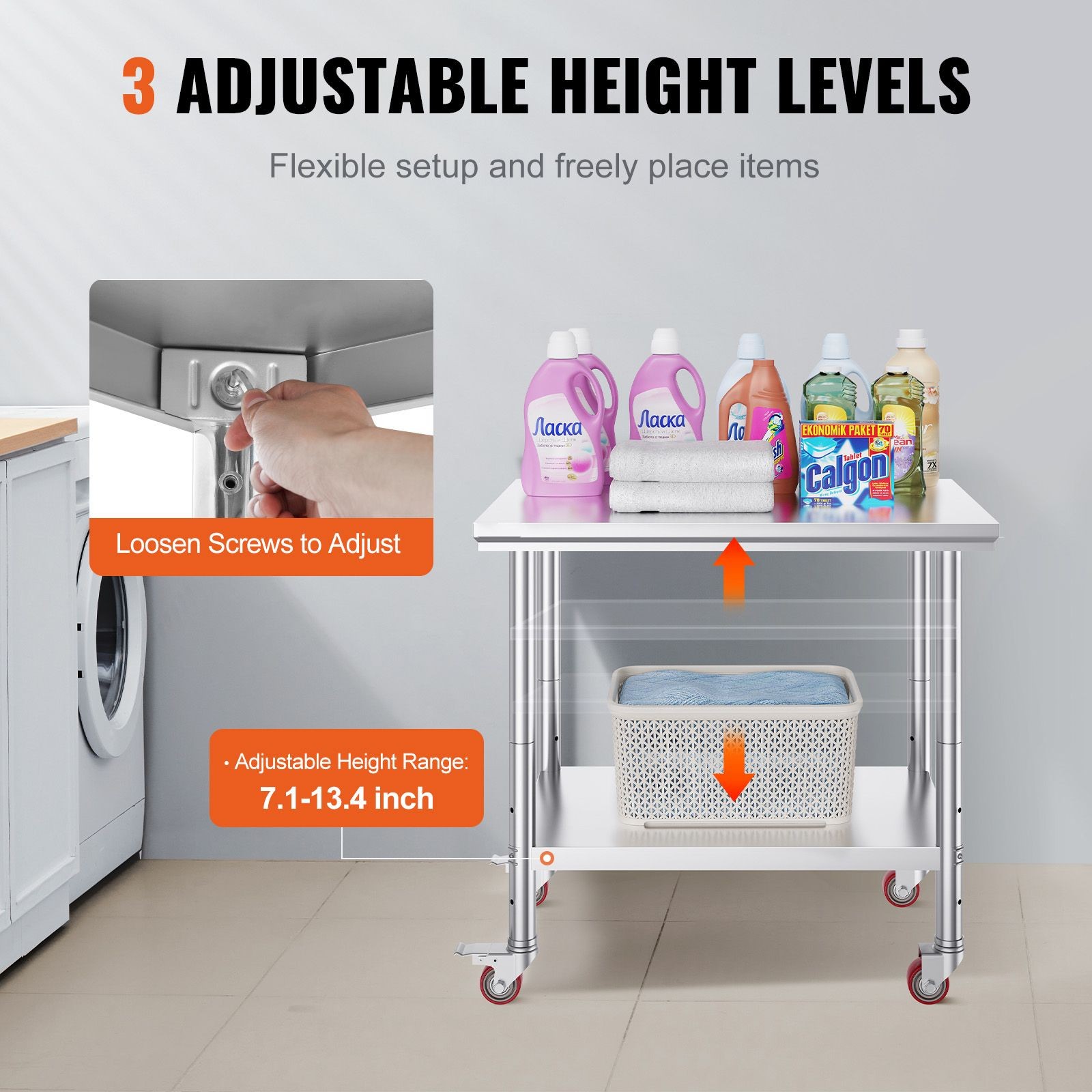SUS201 Stainless Work Table 35x24in, 3-Level Adjustable Shelves