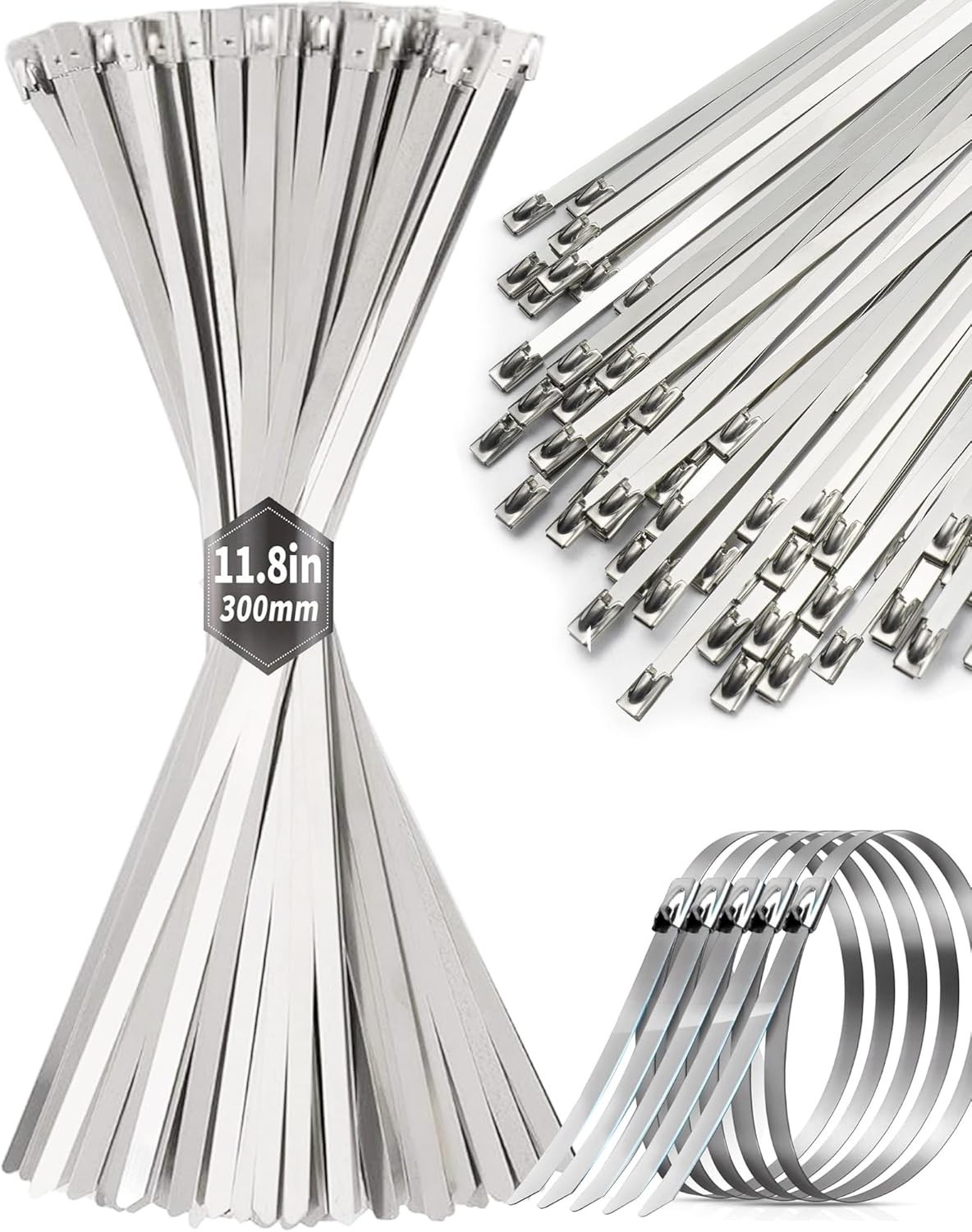 50Pcs Metal Zip Ties 11.8 Inch 304 Stainless Steel Zip Ties, Heavy Duty Multi-Pu