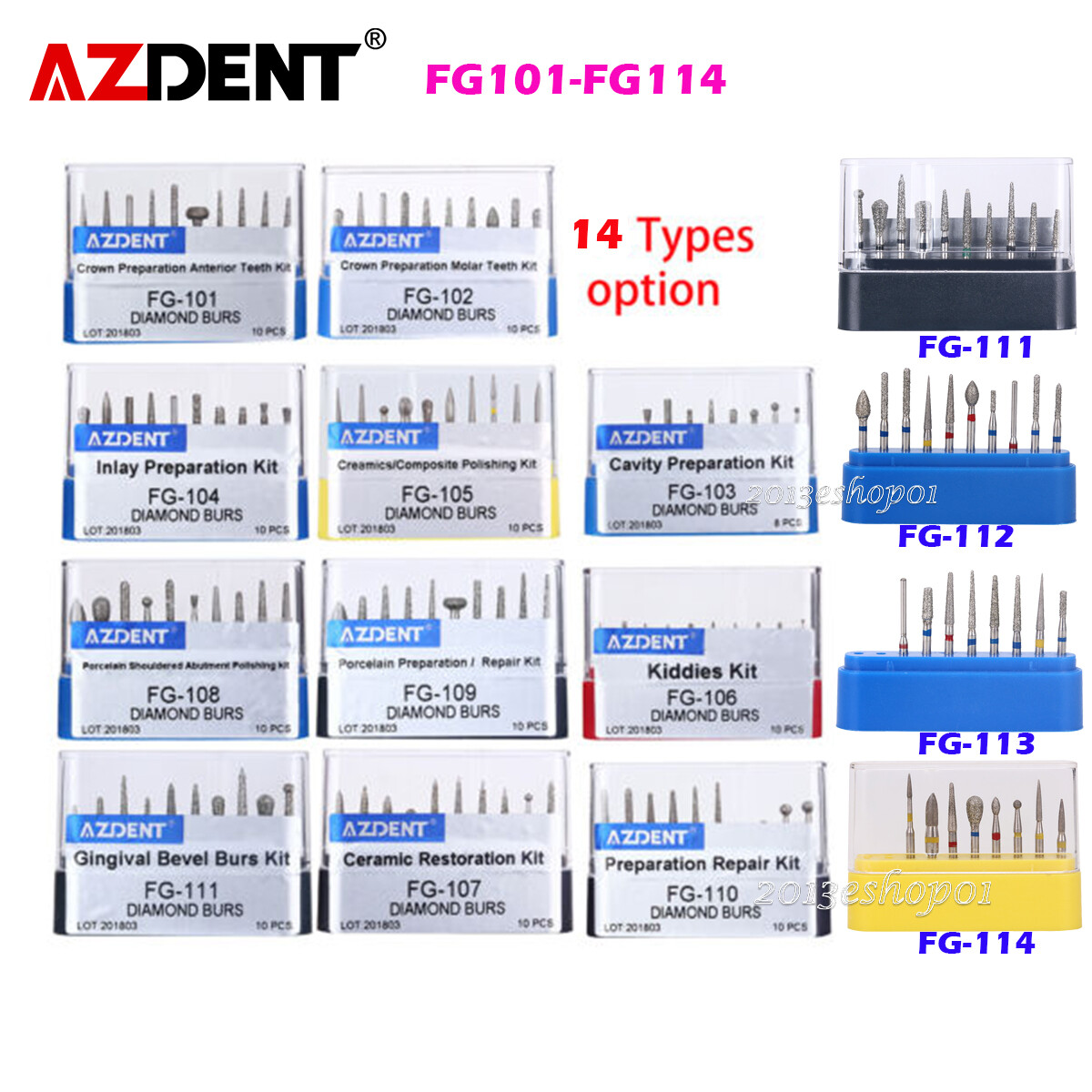 14 Type AZDENT Dental Diamond Burs Drills Kit FG101-114 for High Speed Handpiece
