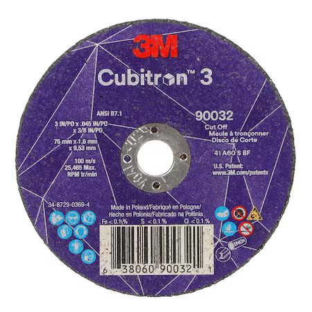 3M Cubitron 90032 Abrasive Cut-Off Wheel, Type 1, 3 In Dia, 0.045 In Thick, 3/8