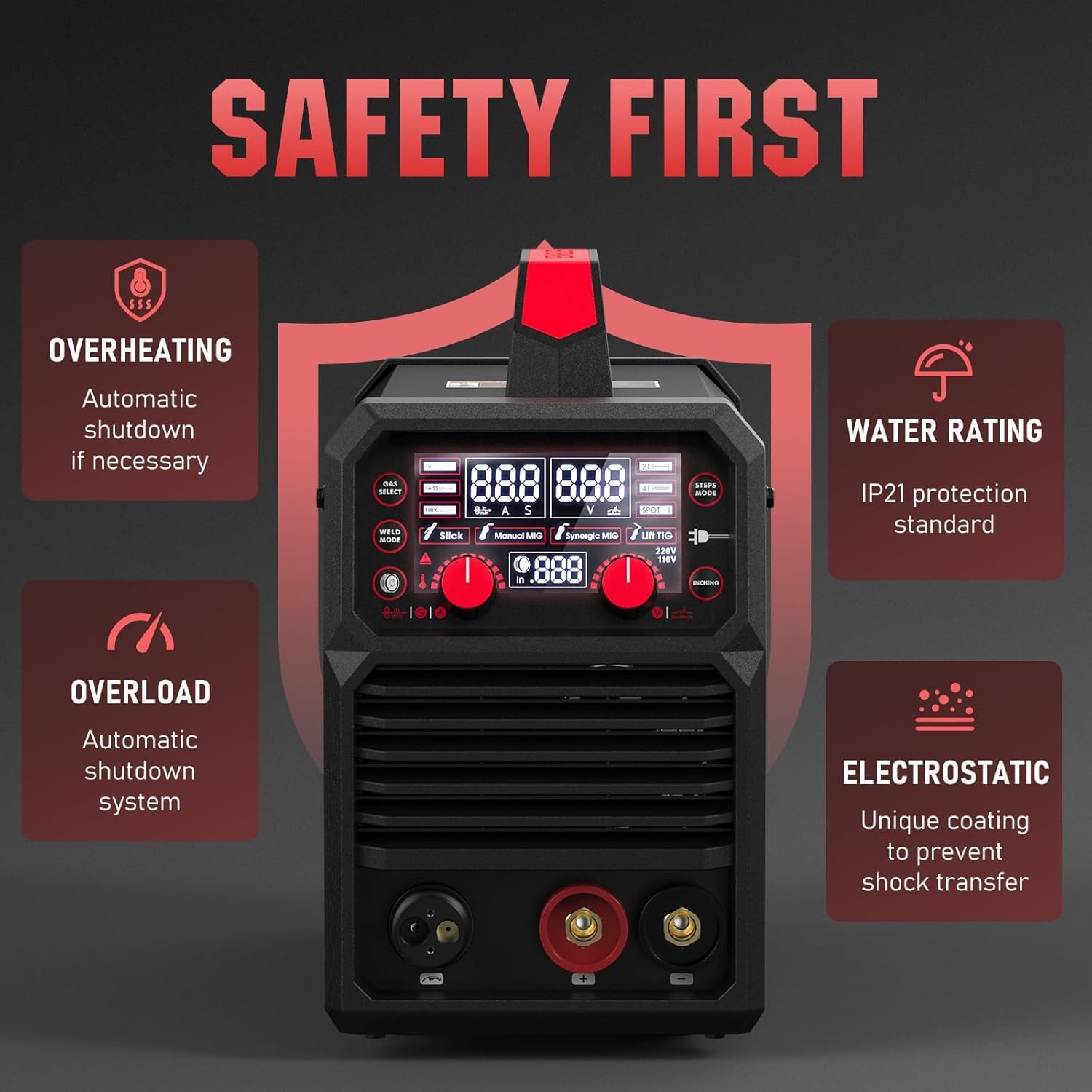 140A 4-in-1 MIG Welder, 110V/220V Dual Voltage, Gas/Flux/Stick/TIG