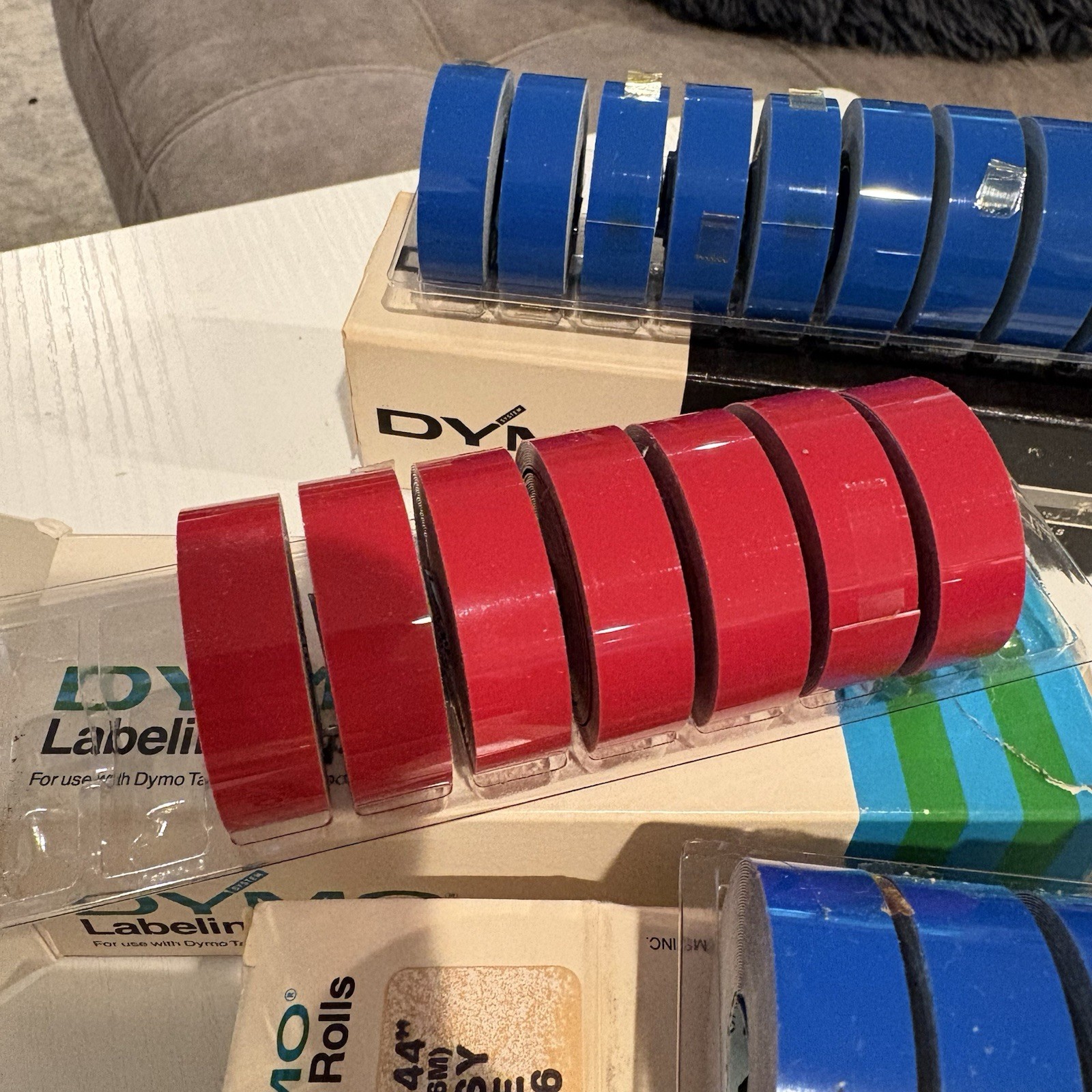 3 Boxes = 24 Rolls Vintage Dymo Labeling Embossing Tape Red & Blue Glossy 1977