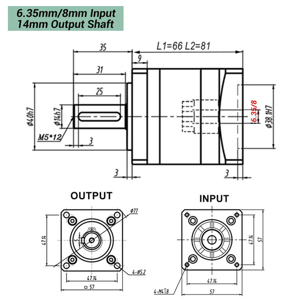 Nema23 Planetary Gearbox Reducer 8mm input 57 Motor kit speed Ratio 4:1-100:1