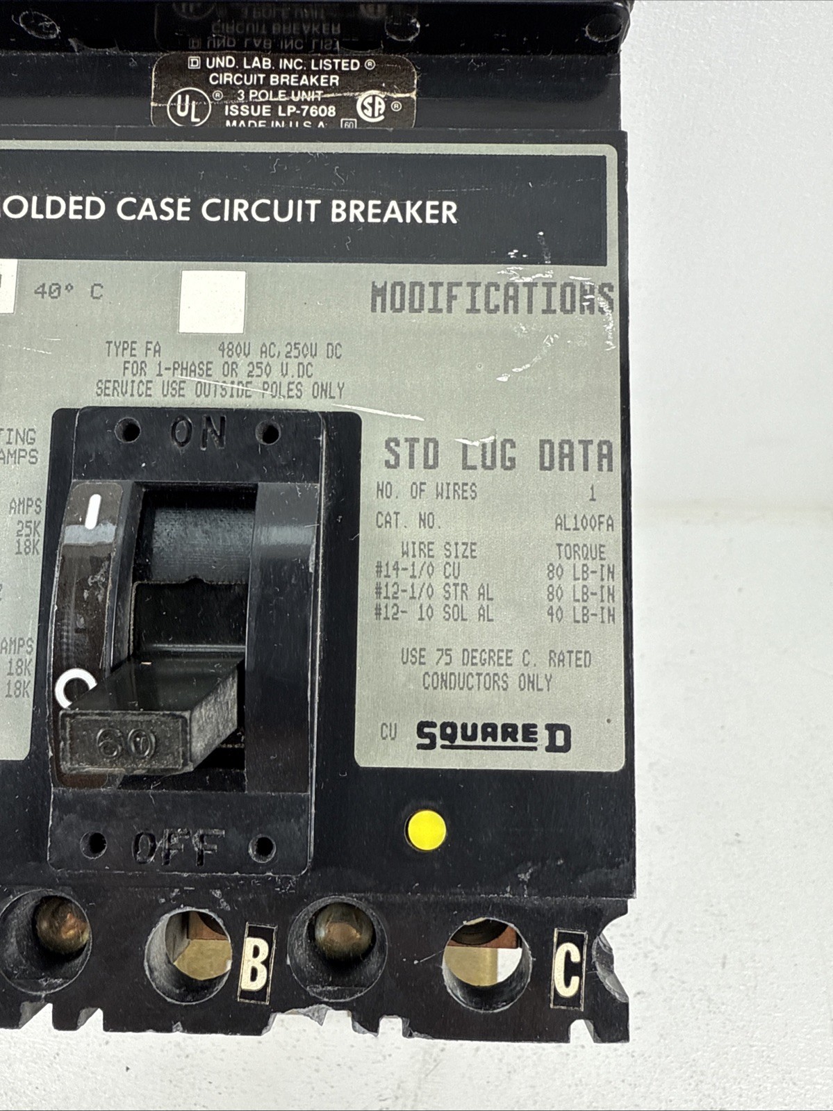 Square D FA34060 Thermal-Magnetic Circuit Breaker, 3-Pole, 60A, 480VAC, 250VDC