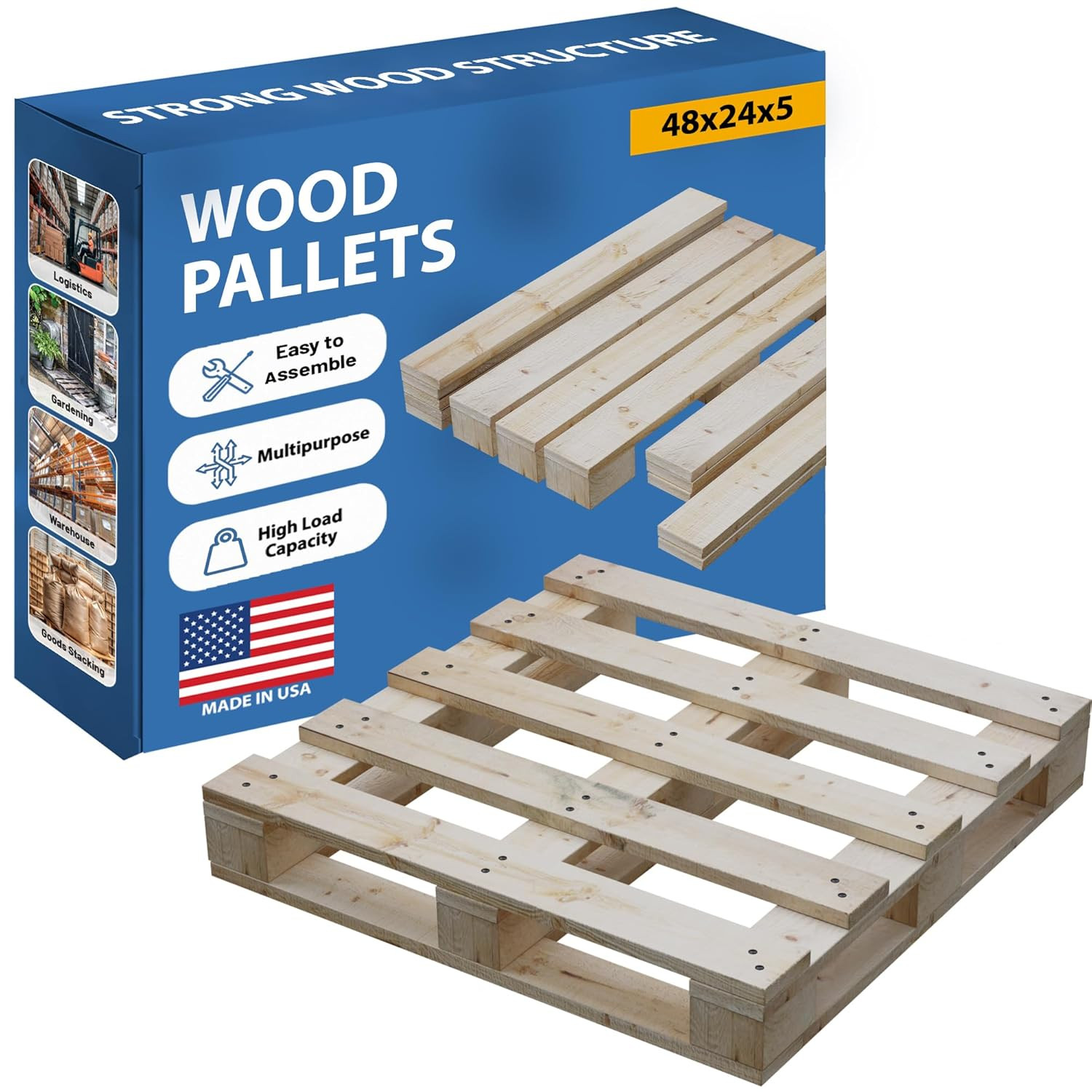 Heavy-Duty 48×24 Wooden Pallet Kit, 5-Pack, Stackable & Reusable, Pinewood