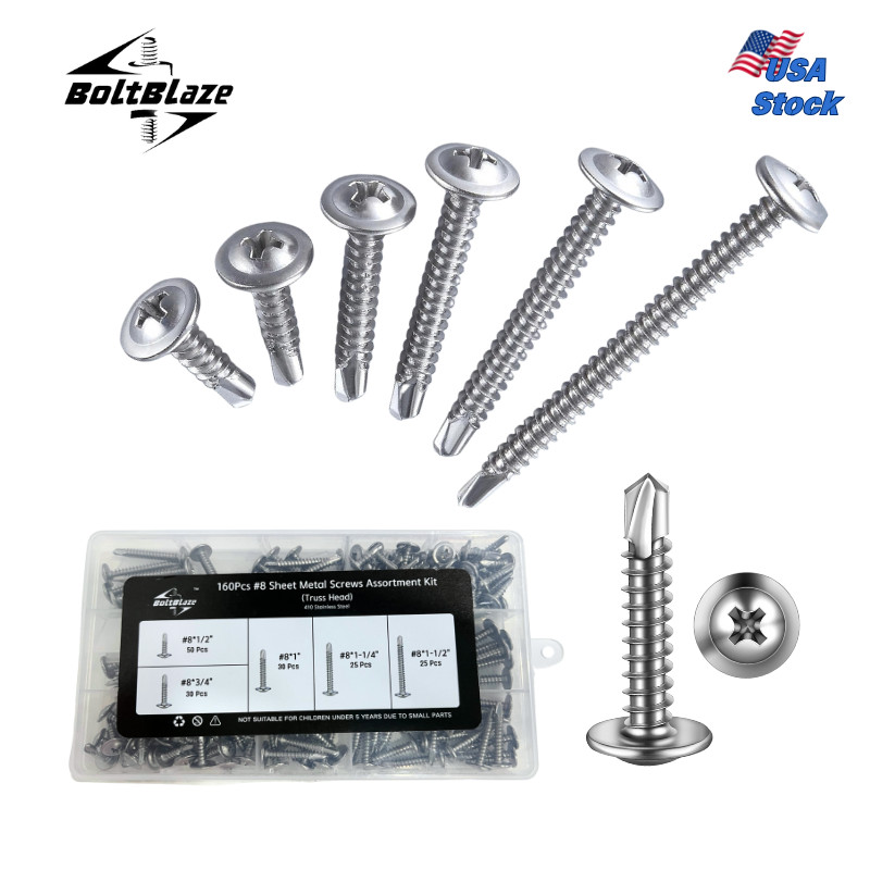 160-Piece #8 Stainless Steel Self-Tapping Screw Kit for Metal & Wood Projects