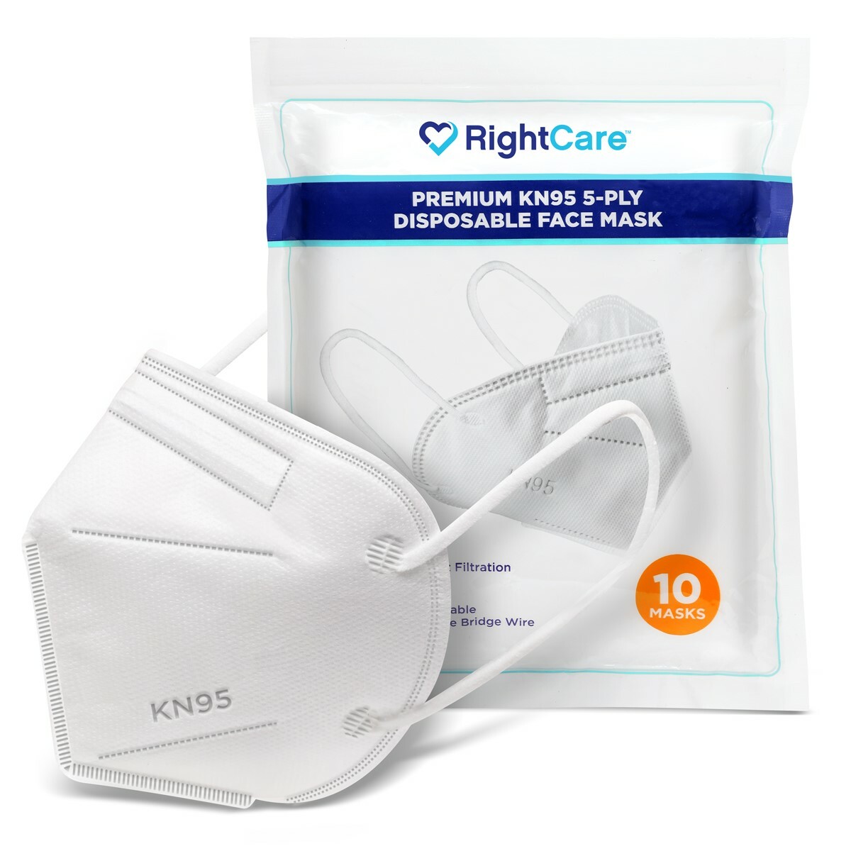 RightCare KN95 Protective Face Mask (Non-Medical), 99% Filter Efficiency 10 Pack