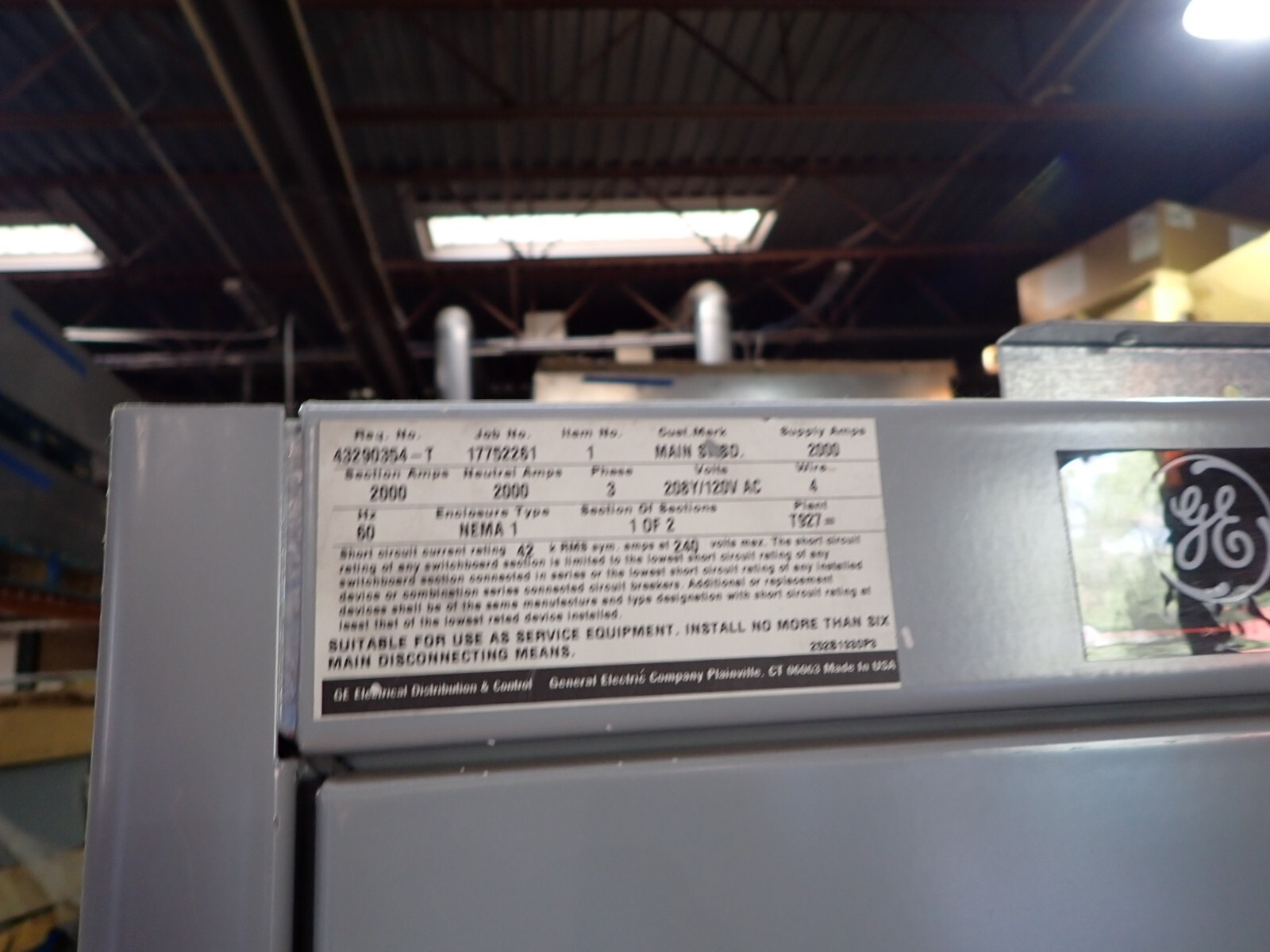 GE 2000 amp Switchgear Panelboard 208v 3 Phase TP2020TTR C220LI + CT Cabinet