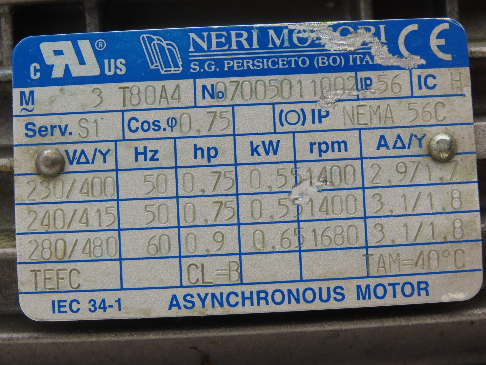 Neri Motori T80A4 AC Motor 0.6kW 0.44kW 1680RPM 280/480V 3Ph 56C TEFC