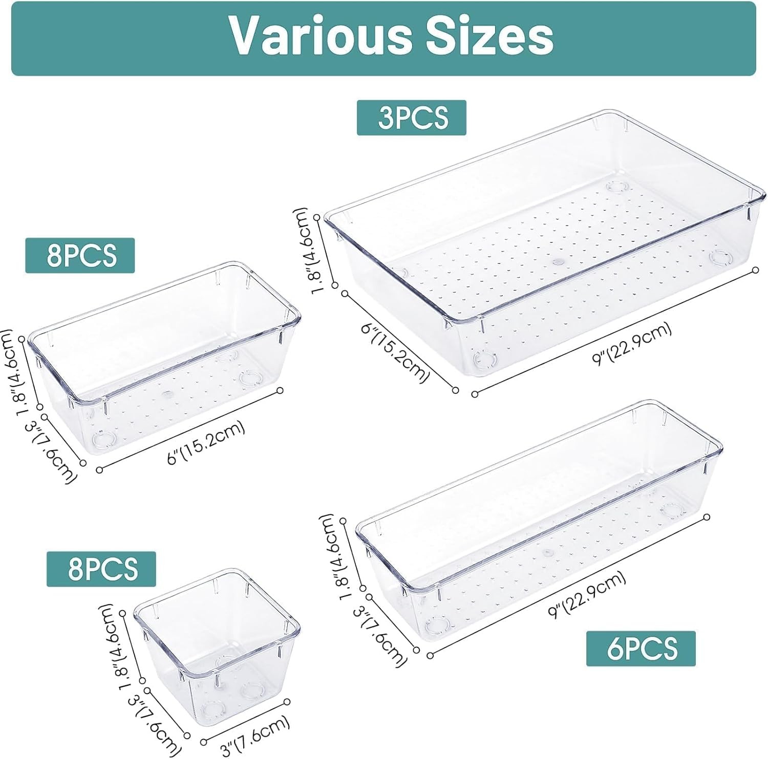 25 PCS Clear Plastic Drawer Organizer Set 4 Size Storage Bins for Makeup