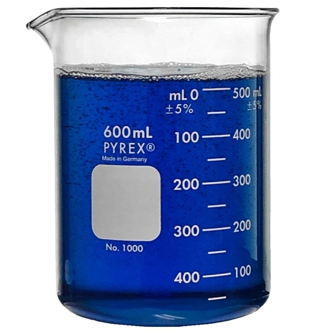 PYREX 1000-600, 600ml Griffin Low Form Beaker, Double Scale, Graduated (qty 6)