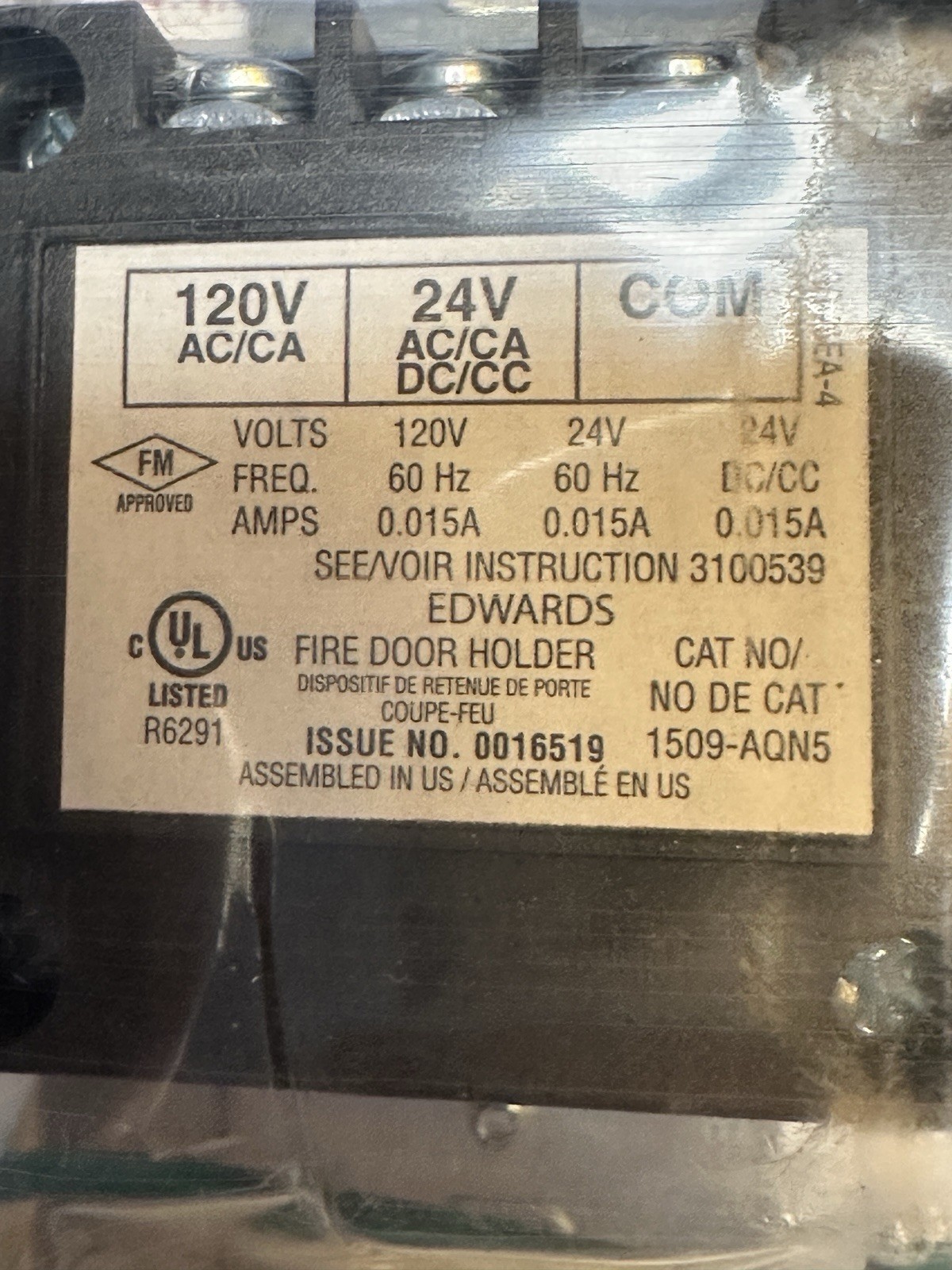 Edwards 1509-AQN5 Electromagnetic Fire Door Holder 120VAC 24VAC/DC Flush Mount
