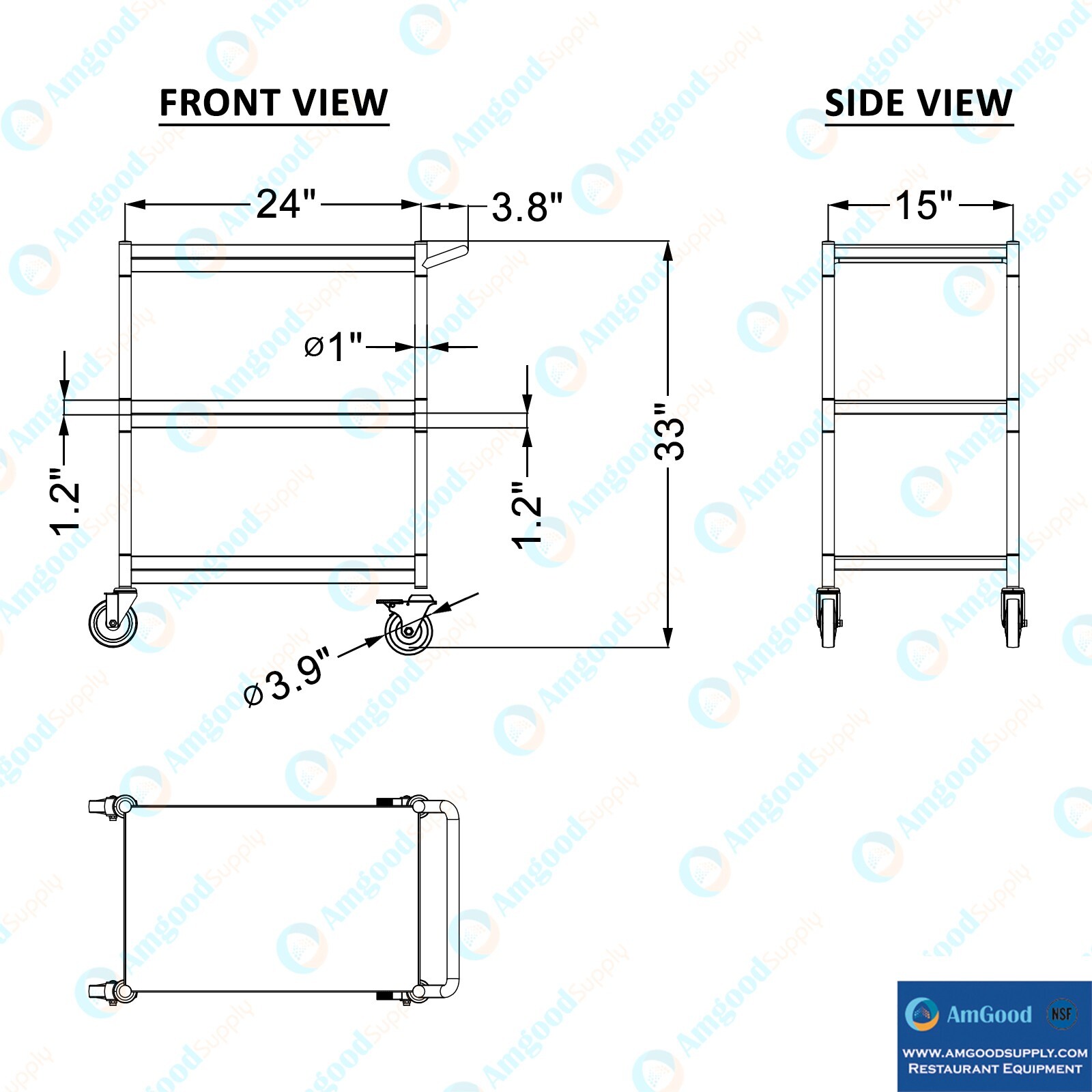 3 Shelf Stainless Steel Tubular Cart. 15 in. x 24 in. x 33 in.