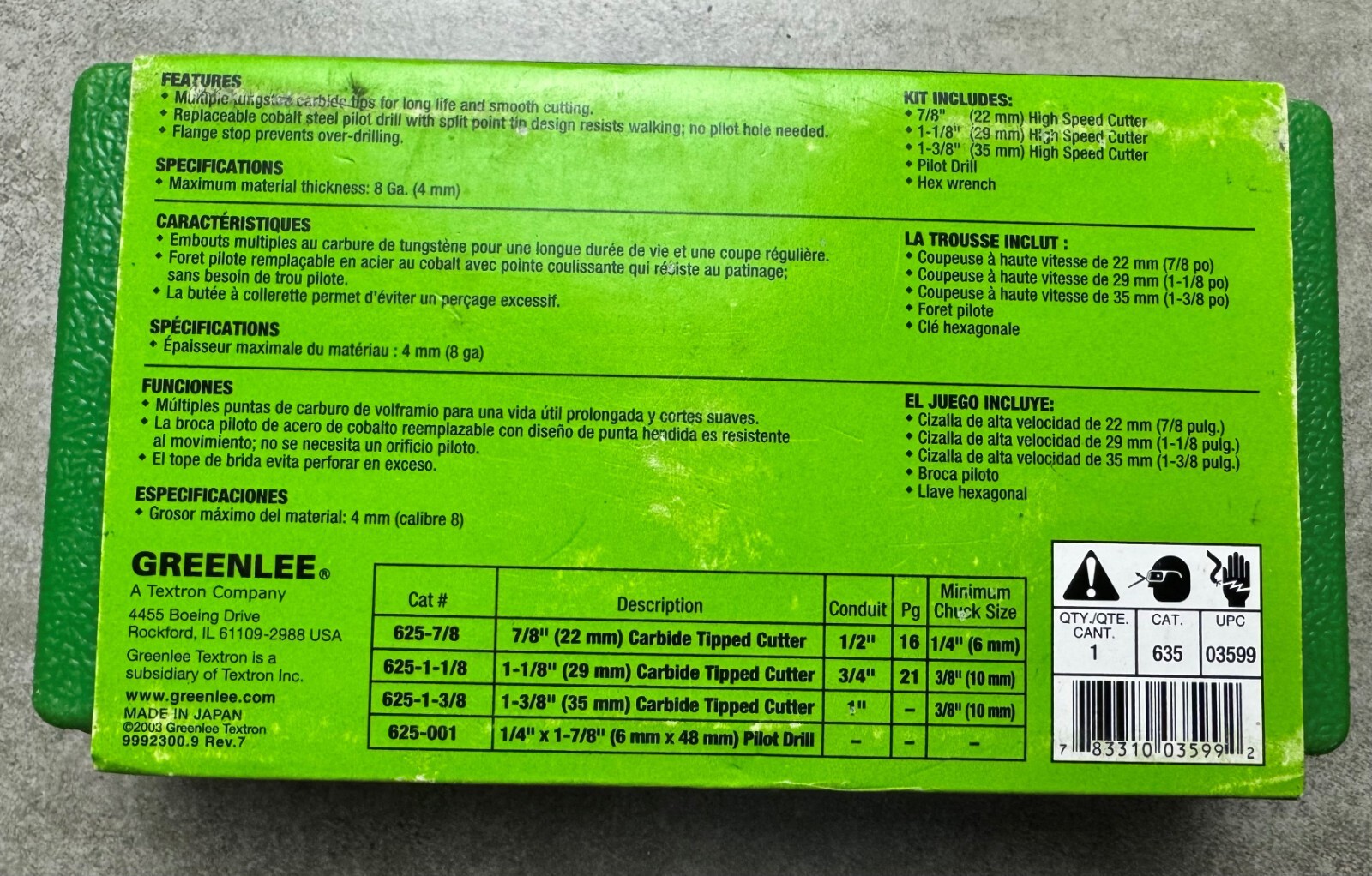 Greenlee 635 7/8″, 1-1/8″, 1-3/8″ Cutterheads; Pilot Drill, Hex Key and Case