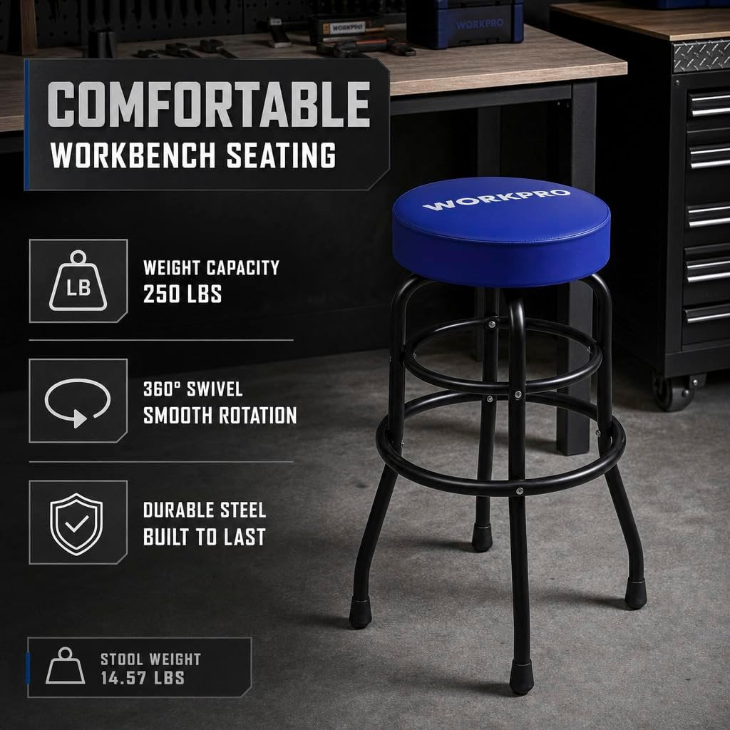 W112003 Garage Shop Stool, Heavy-Duty Steel Construction Garage Stool, Swivel Cu