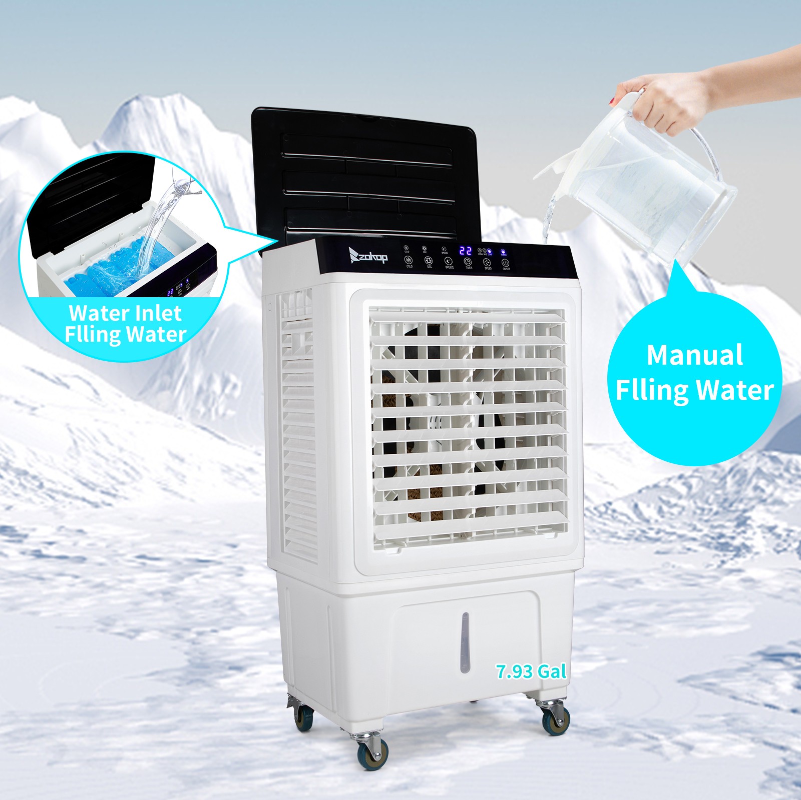 Portable Air Conditioner Fan Evaporative Cooler 2400CFM Swamp Cooler Remote 30L