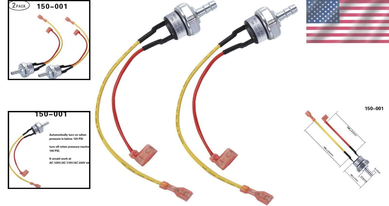 Air Pressure Switch 120/150 PSI for Compressor 120V AC Copper Steel Contact