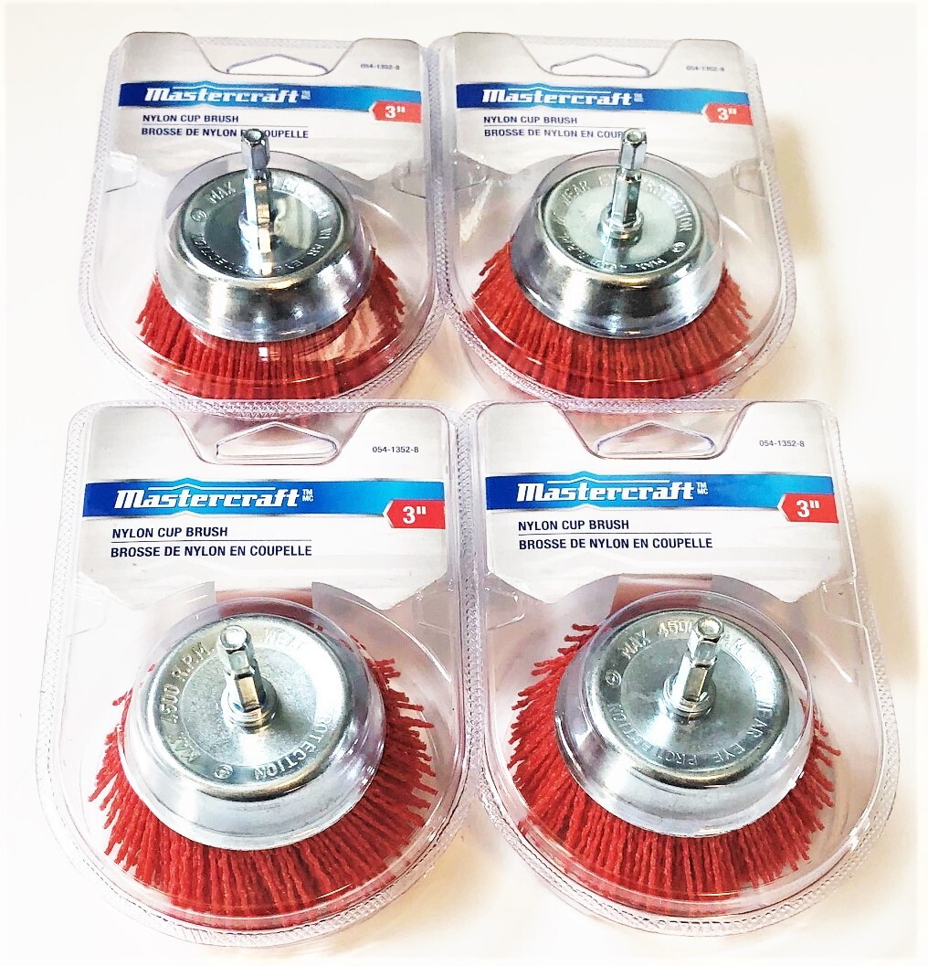 4 MASTERCRAFT 3″ NYLON INFUSED CUP BRUSH WHEEL 1/4 HEX SHANK WIRE ABRASIVE