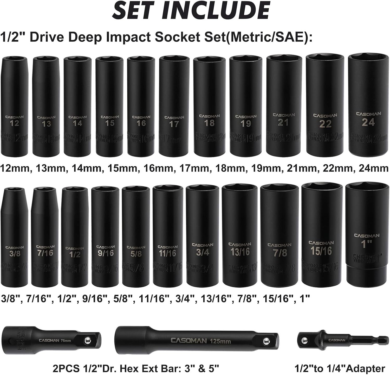 25PCS 1/2″ Drive Impact Socket Set, Deep, Cr-V Steel, 6 Point, Metric&SAE, 12mm