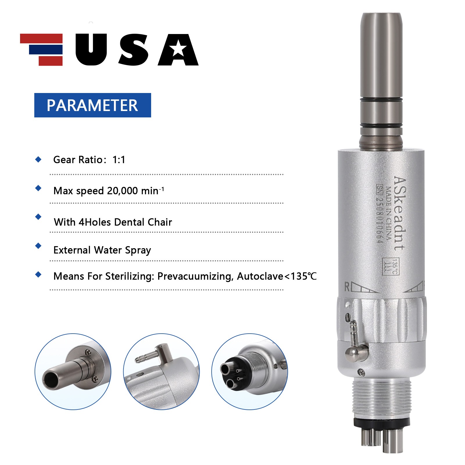 ASkeadnt Dental Slow Low Speed Handpiece Air Motor E-type 4 Holes Connector