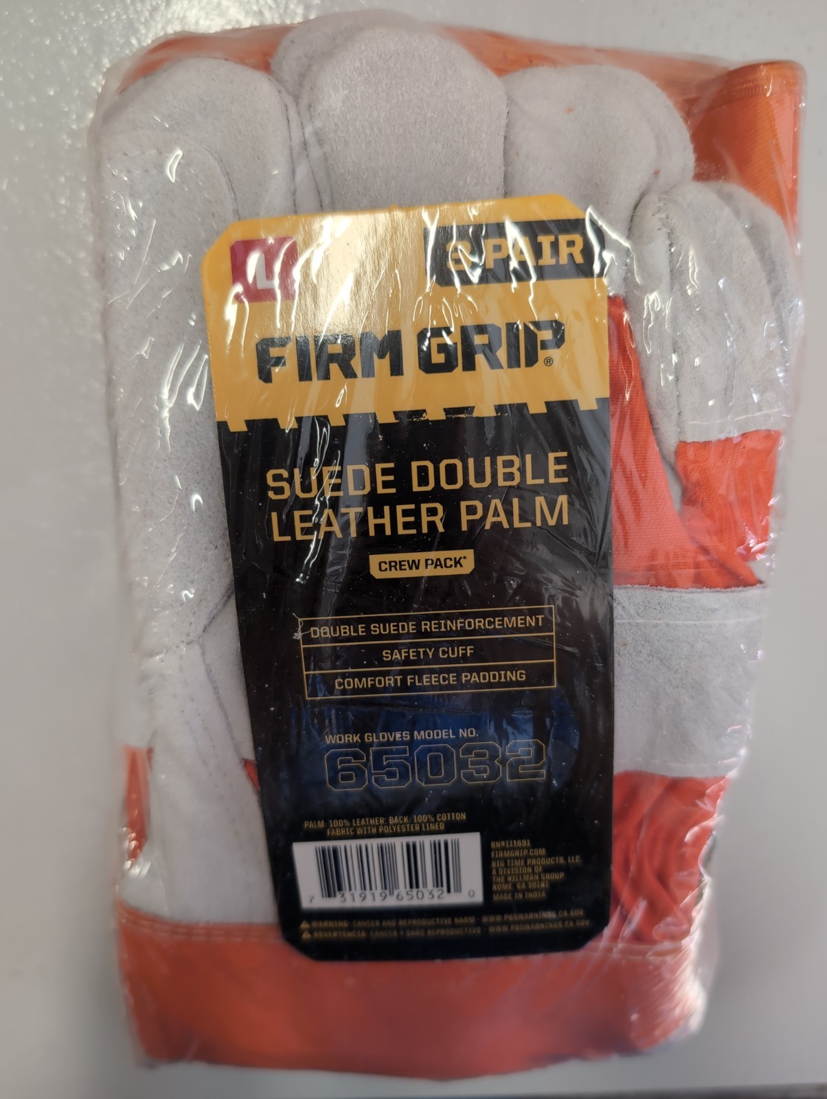 Firm Grip 65032 Suede Double Leather Palm Gloves Orange Gray Large, PACK OF 3
