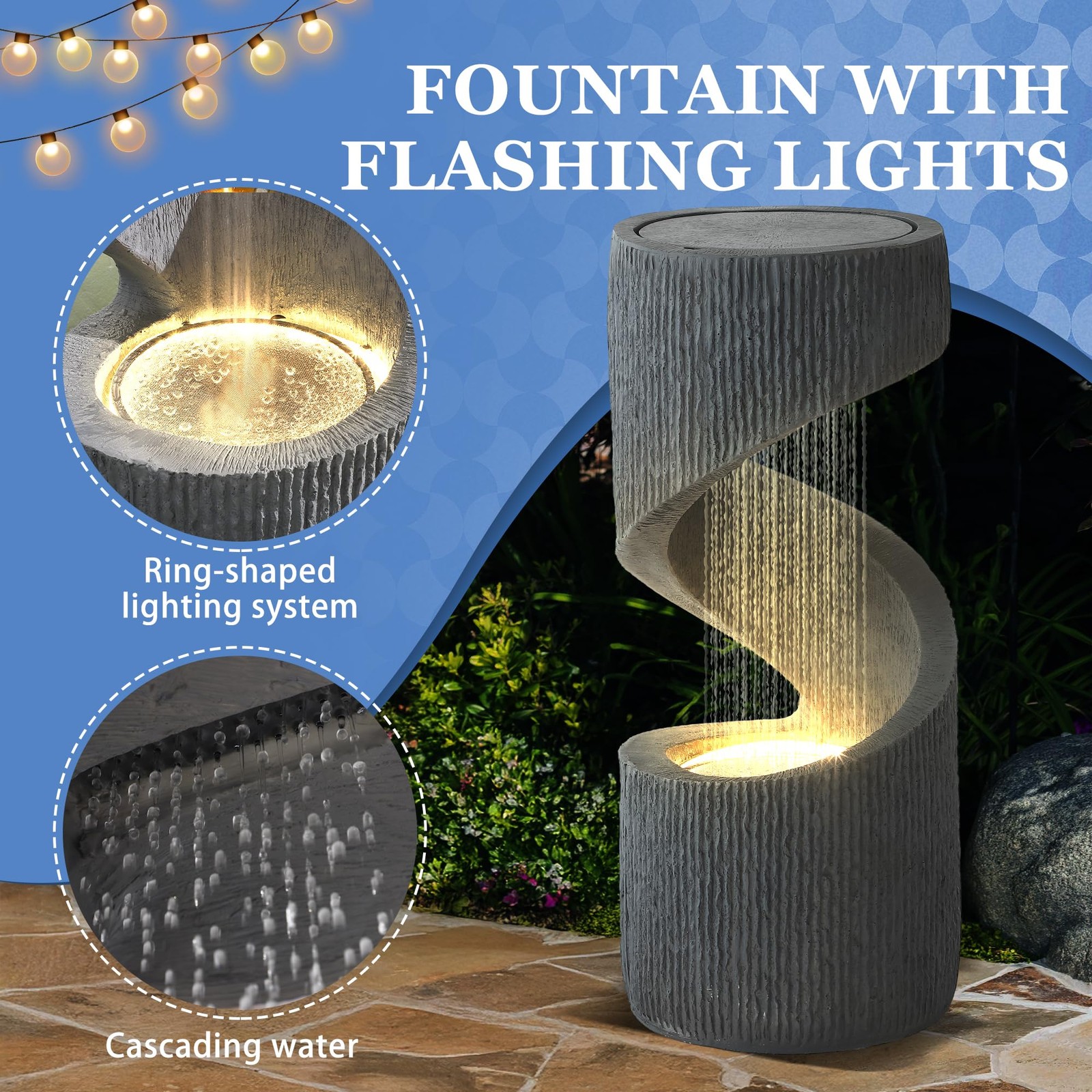 31.9″ S-Shaped Water Fountain LED Lights Cascading Indoor Outdoor Floor Standing