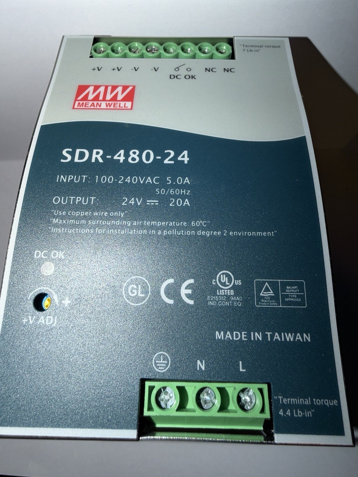 Mean Well SDR-480-24 24V 20A 480W AC to DC DIN-Rail Power Supply