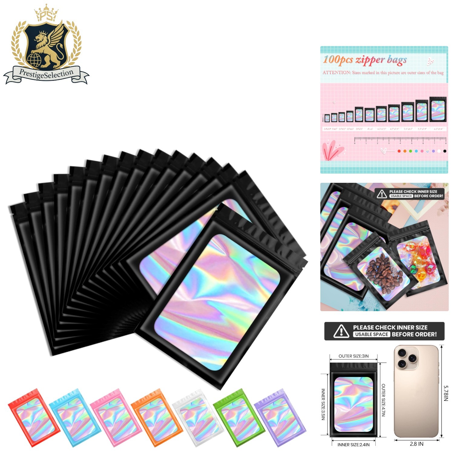 100 Pcs Holographic Resealable Mylar Bags – Odor Proof & Waterproof – 3×4.7 Inch
