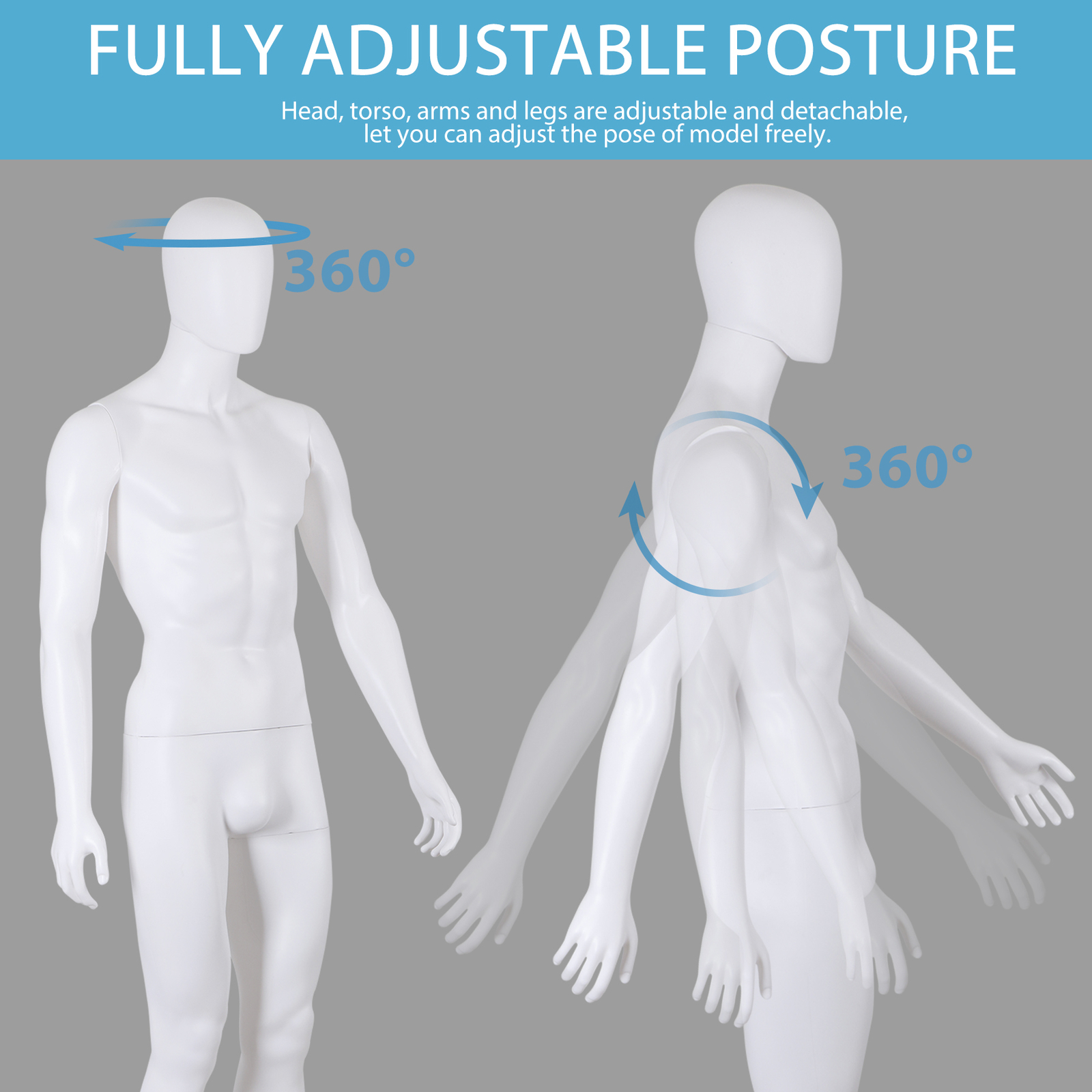 Male Mannequin Dress Form 73″ Adjustable Stand w/Base White Mannequin Full Body