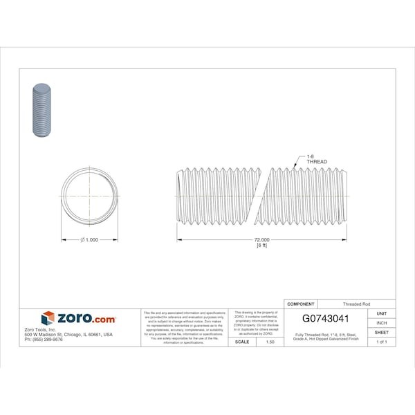 Zoro Select U20170.100.7200 Fully Threaded Rod, 1″-8, 6 Ft, Steel, Grade A,