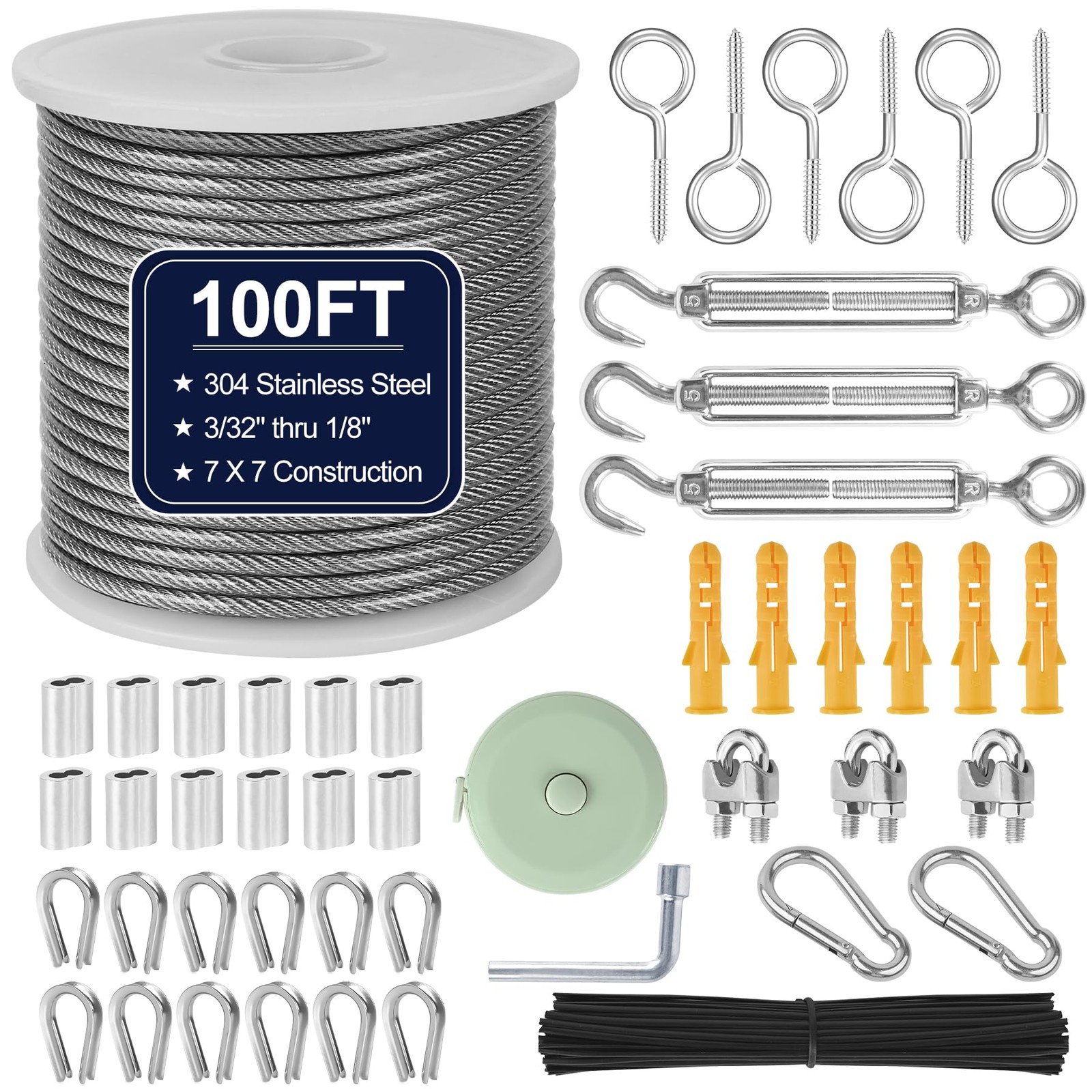 phepetroll 1/8″ Wire Rope Kit 100FT Stainless Steel Aircraft Cable with M5 Tu…