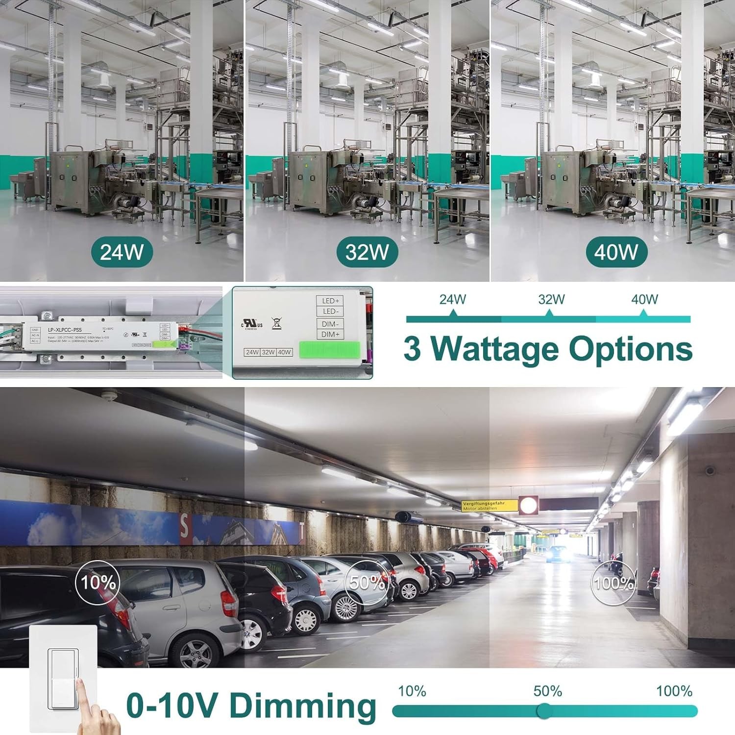 4FT Vapor Tight LED Fixture 40W/32W/24W 4800lm 5000K 0-10V Dimmable