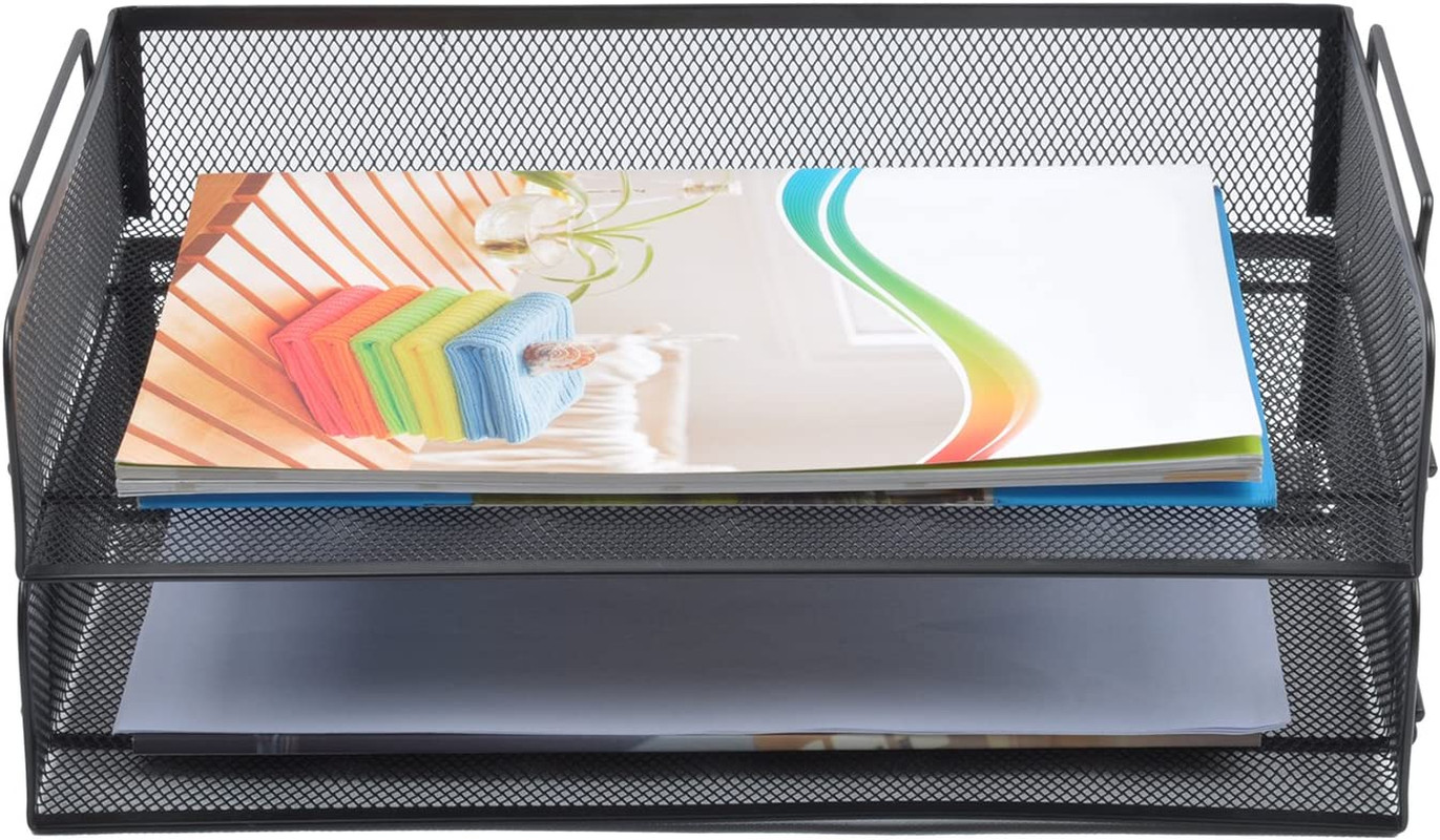 2 Tier Stackable Desktop Document Letter Tray Organizer Black Mesh Collection
