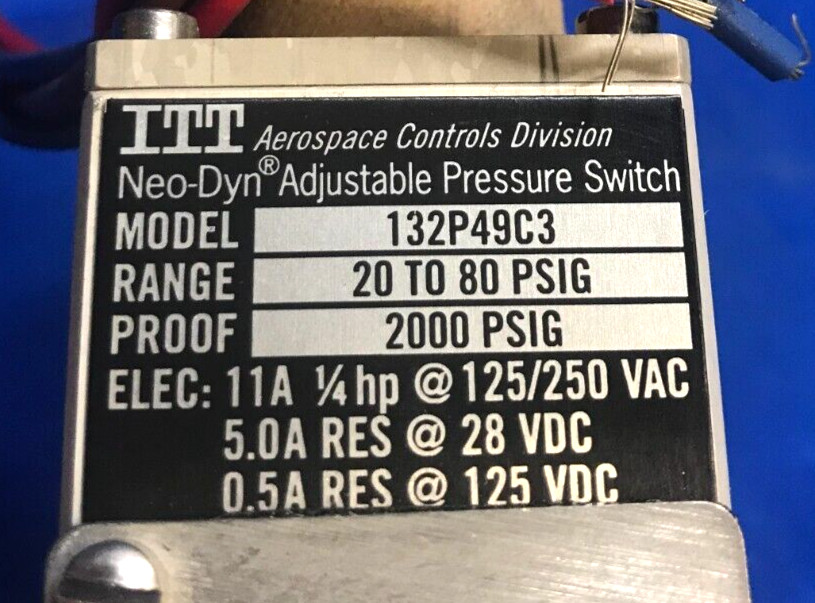 ITT AJUSTABLE PRESSURE SWICH MODEL 132P49C3