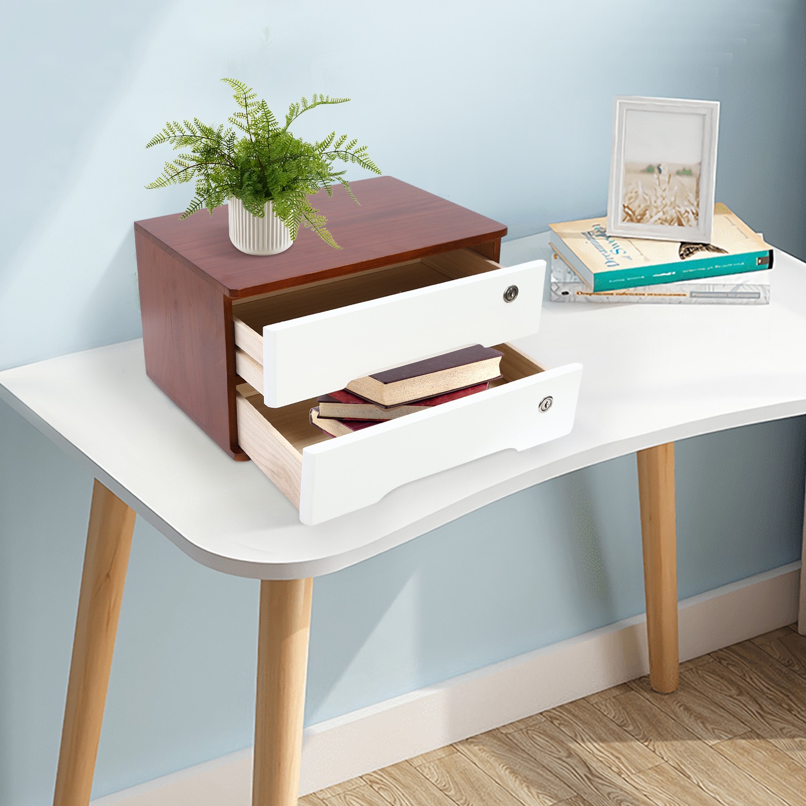 Premium Tung Wood Desktop Organizer 2 Tier Lockable Drawers Storage Solution