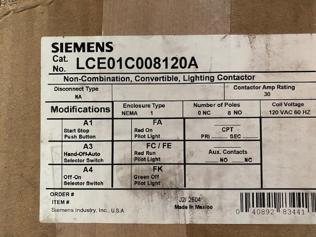 Siemens LCE01C008120A 8-Pole 8NO NEMA 1 Electrically Held Lighting Contactor NEW