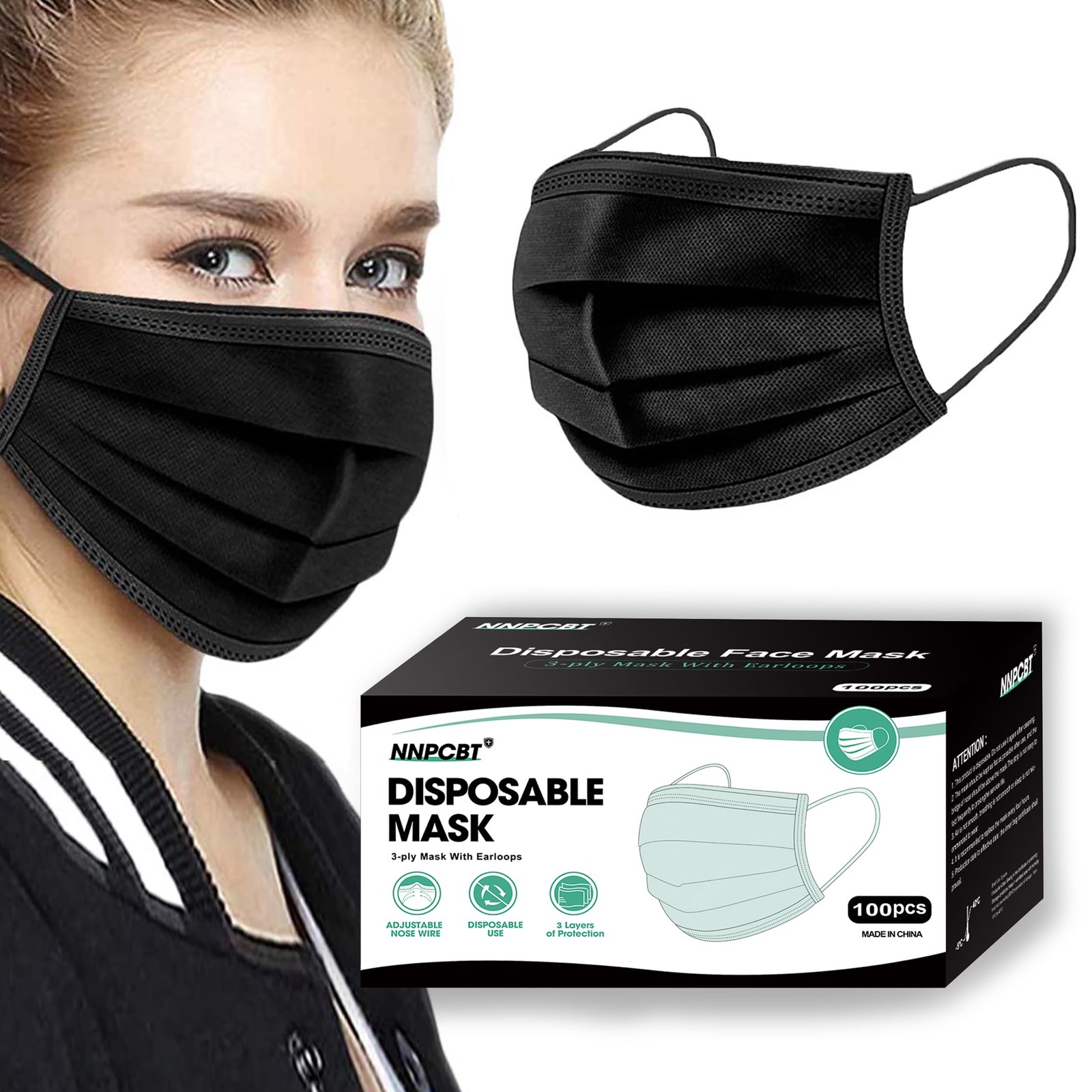 NNPCBT 100PCS 3 Ply Black 1 Count (Pack of 100), Adult-100 Pack-black