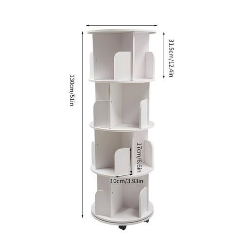 4 Tier White 360° Revolving Bookcase Round Display Book Shelf Rotating Bookshelf