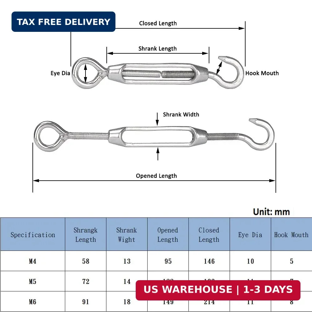 YAMASO 6Pcs M6 Hook & Eye Turnbuckle Wire Rope Tensioner Stainless Steel 304