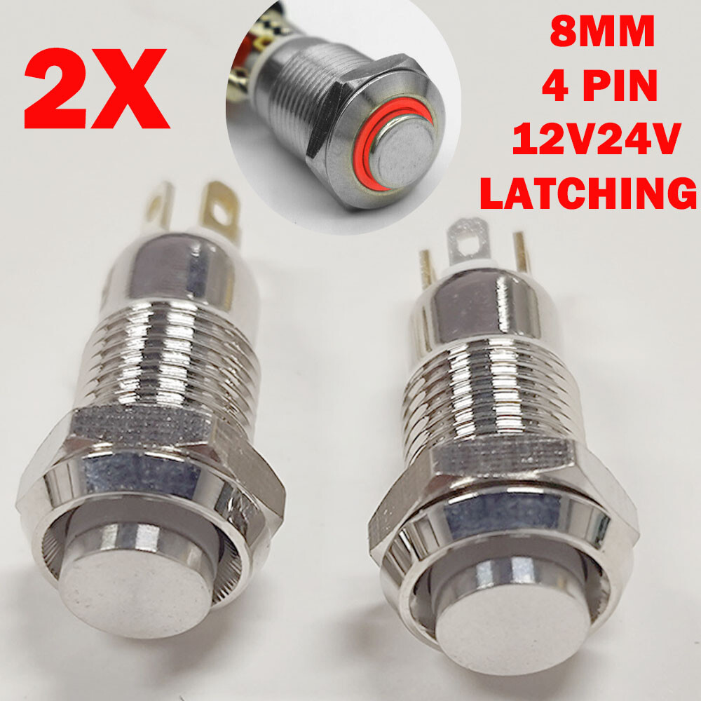 2x 8mm Small Metal Push Button Switch 4-Pin LED Latching/Self Locking Waterproof