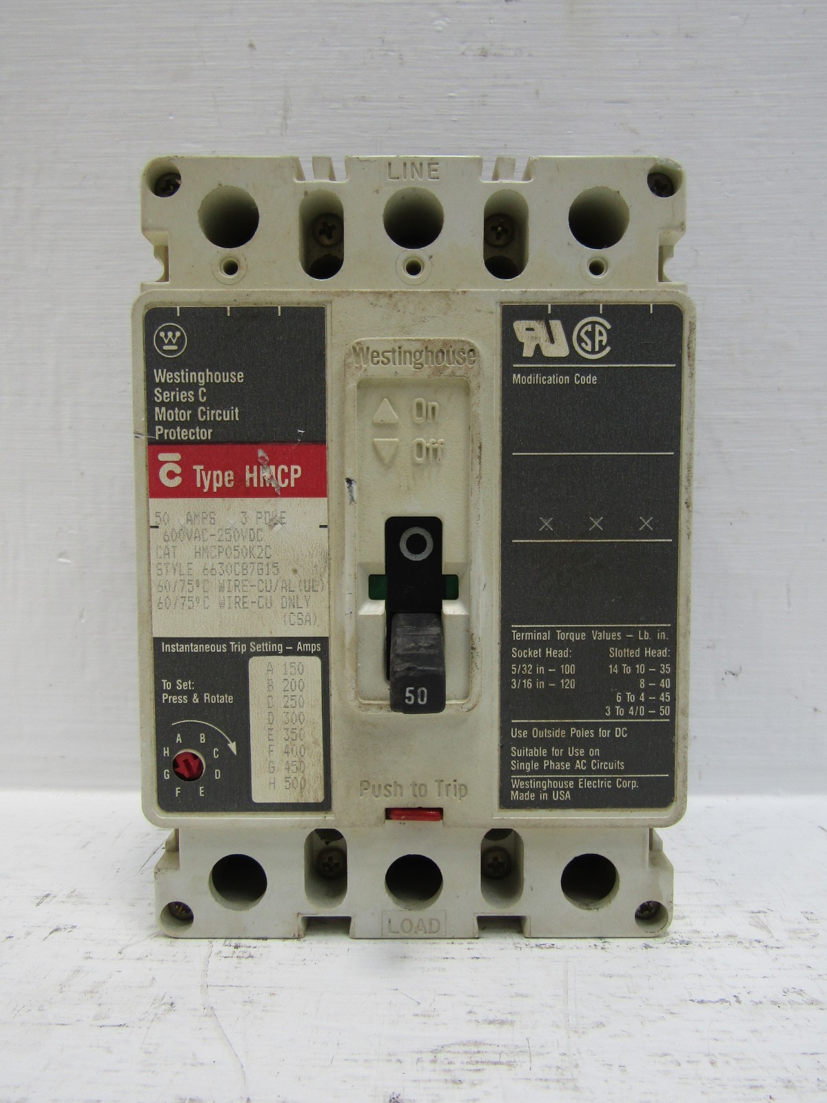 Westinghouse HMCP050K2C 50 Amp 600V 3-Pole Circuit Breaker 50A HMCP Series C