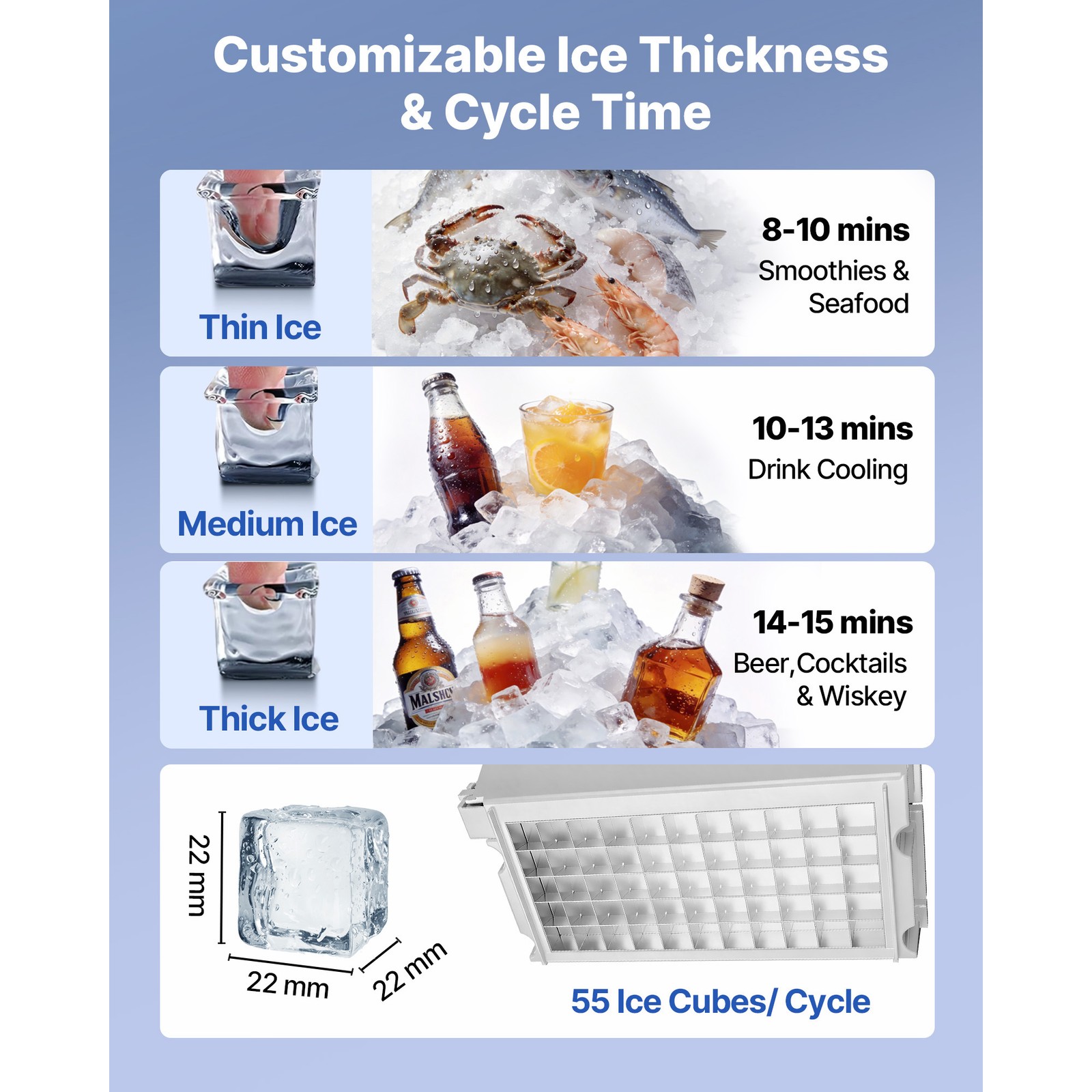 Uimoso 160lb/24h Commercial Ice Maker Undercounter Ice Cube Machine 30lb Storage