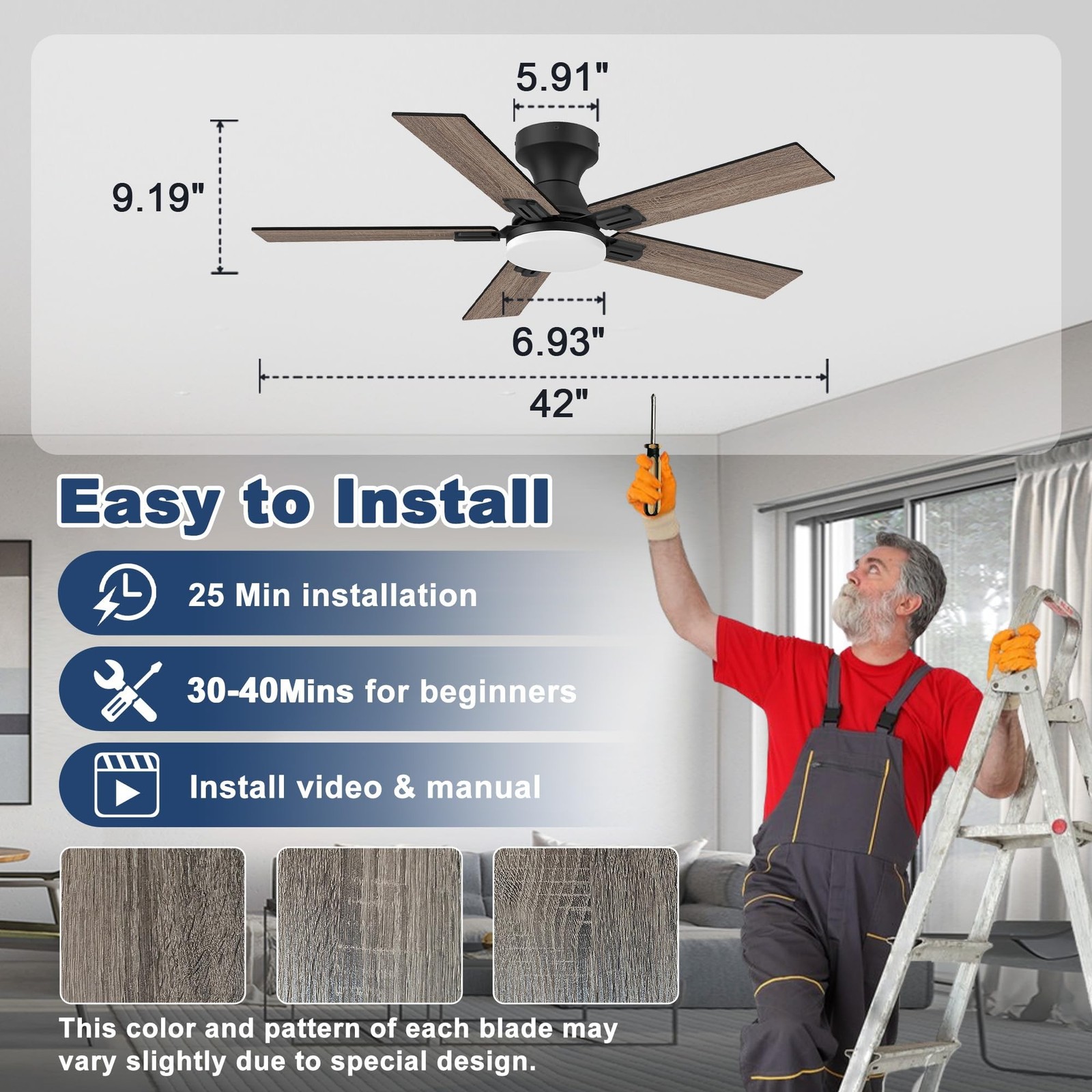 42″ Smart Low Profile Ceiling Fan with Lights Remote,6 speed Quite DC Motor,W…