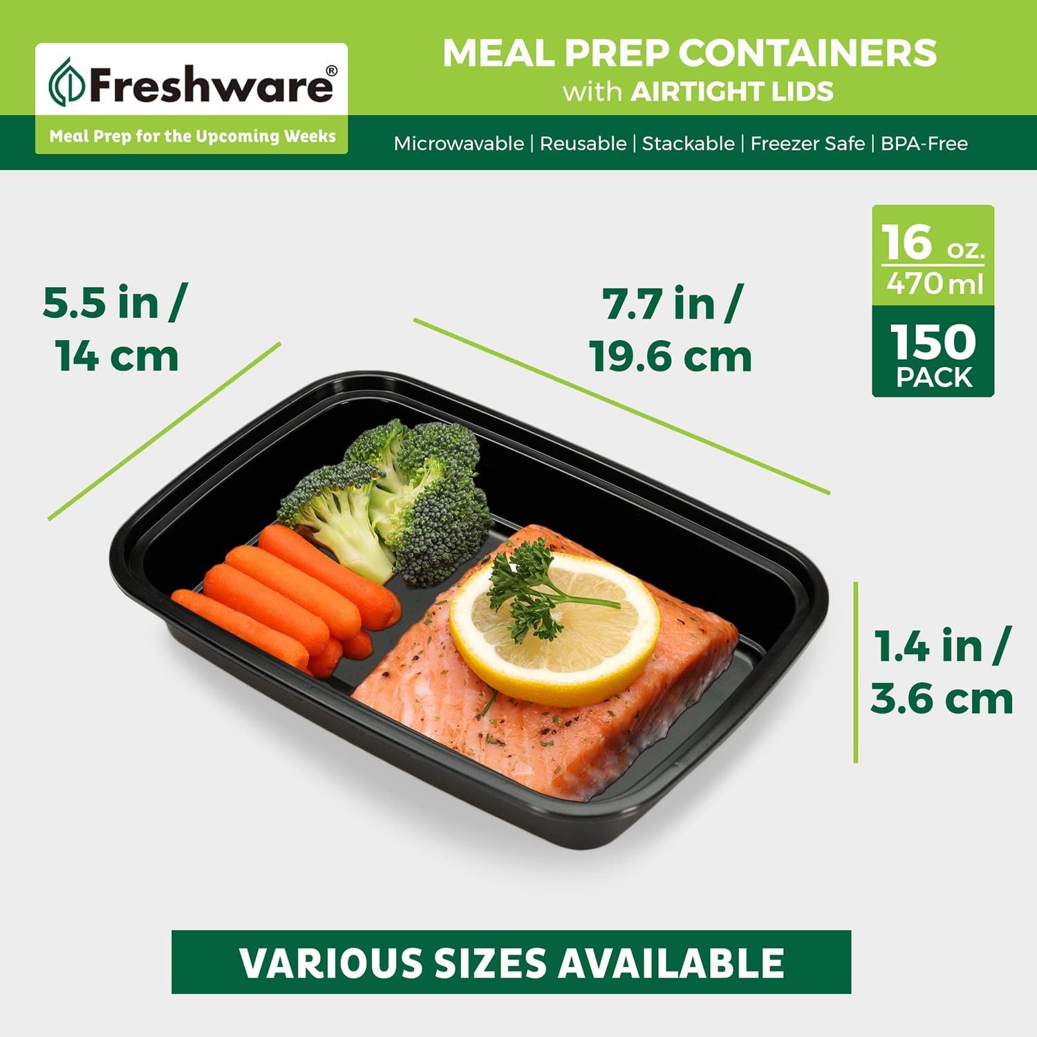 Freshware Meal Prep Containers 1 Compartment Food Storage 16OZ-150PK, Black