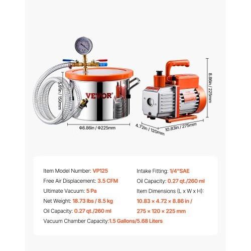 1.5 Gallon Vacuum Chamber and 3.5 CFM Pump Kit, Stainless Steel Chamber, Single