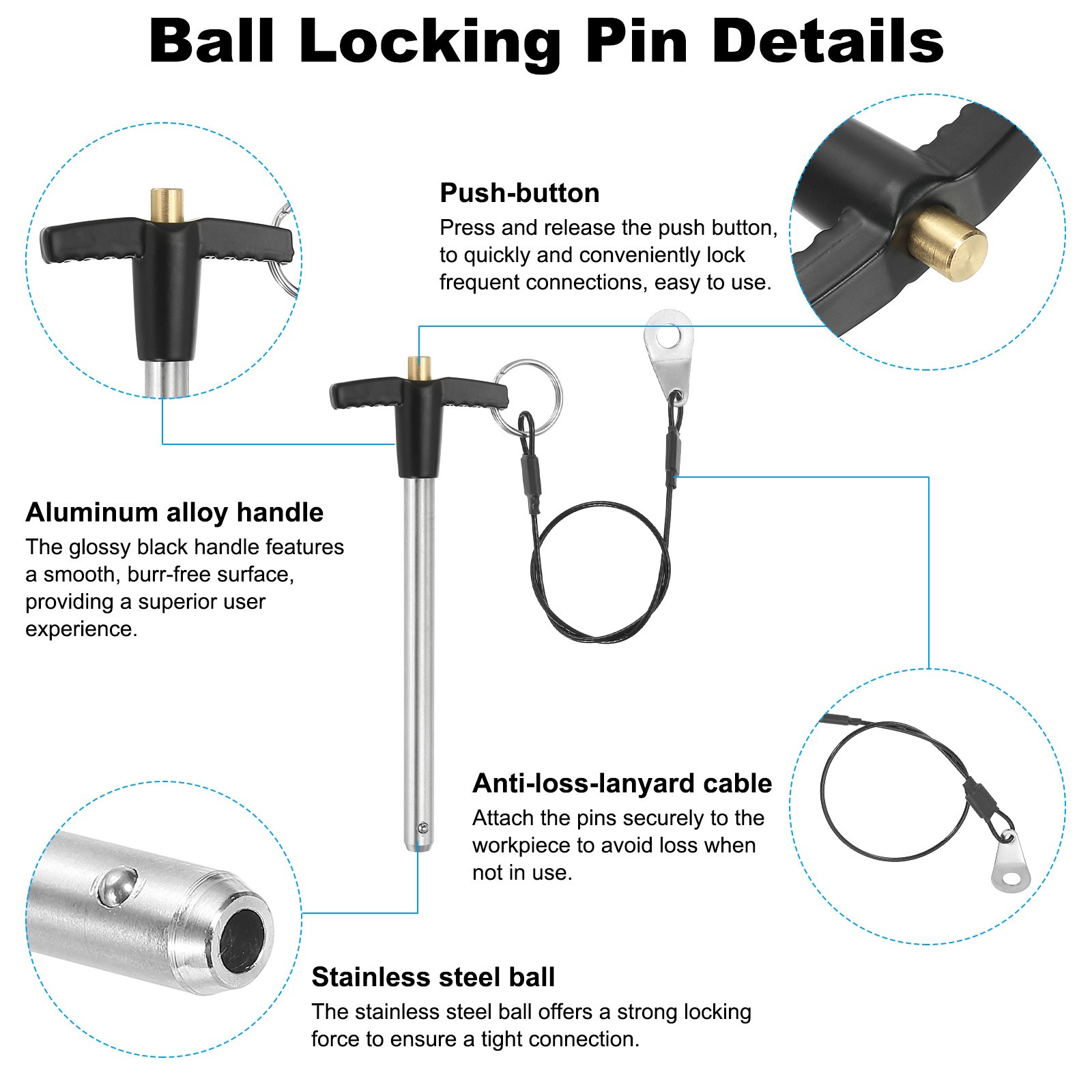 T Handle Lock Pins 5/16 x 3.54″ 8x90mm Push Button Quick Release Pin with Wire