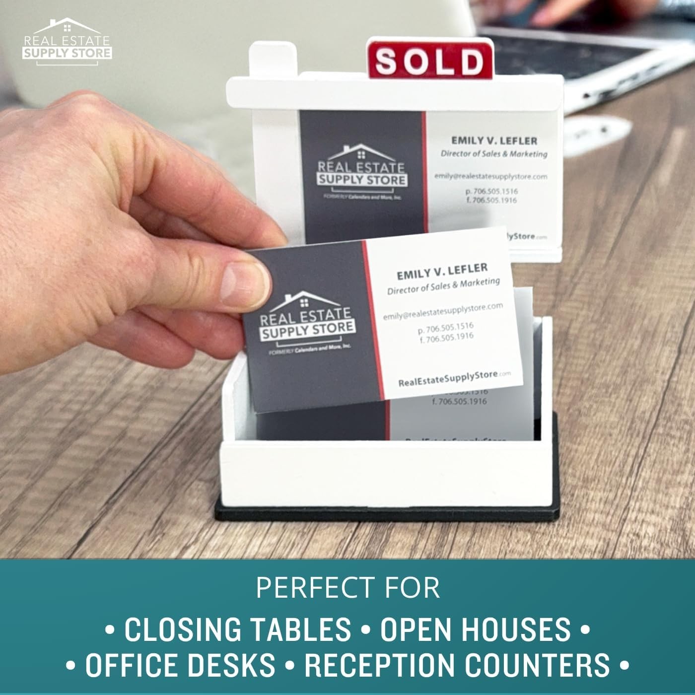 SOLD Sign Business Card Holder with Tray –Wooden Desk Display (Holds 100 Cards)